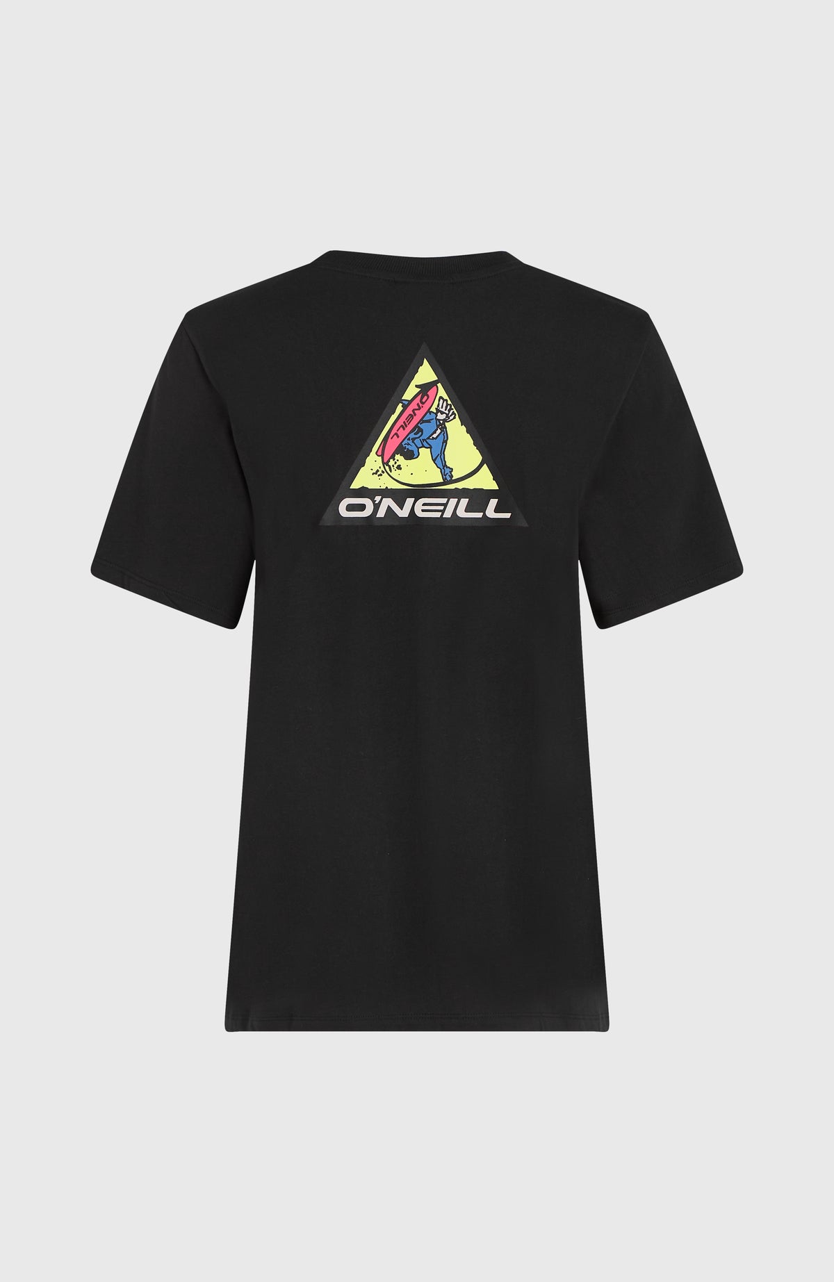 FWC'Play T-Shirt für Damen, schwarz mit Logo-Print in Blau und Gelb, freigestellt von hinten