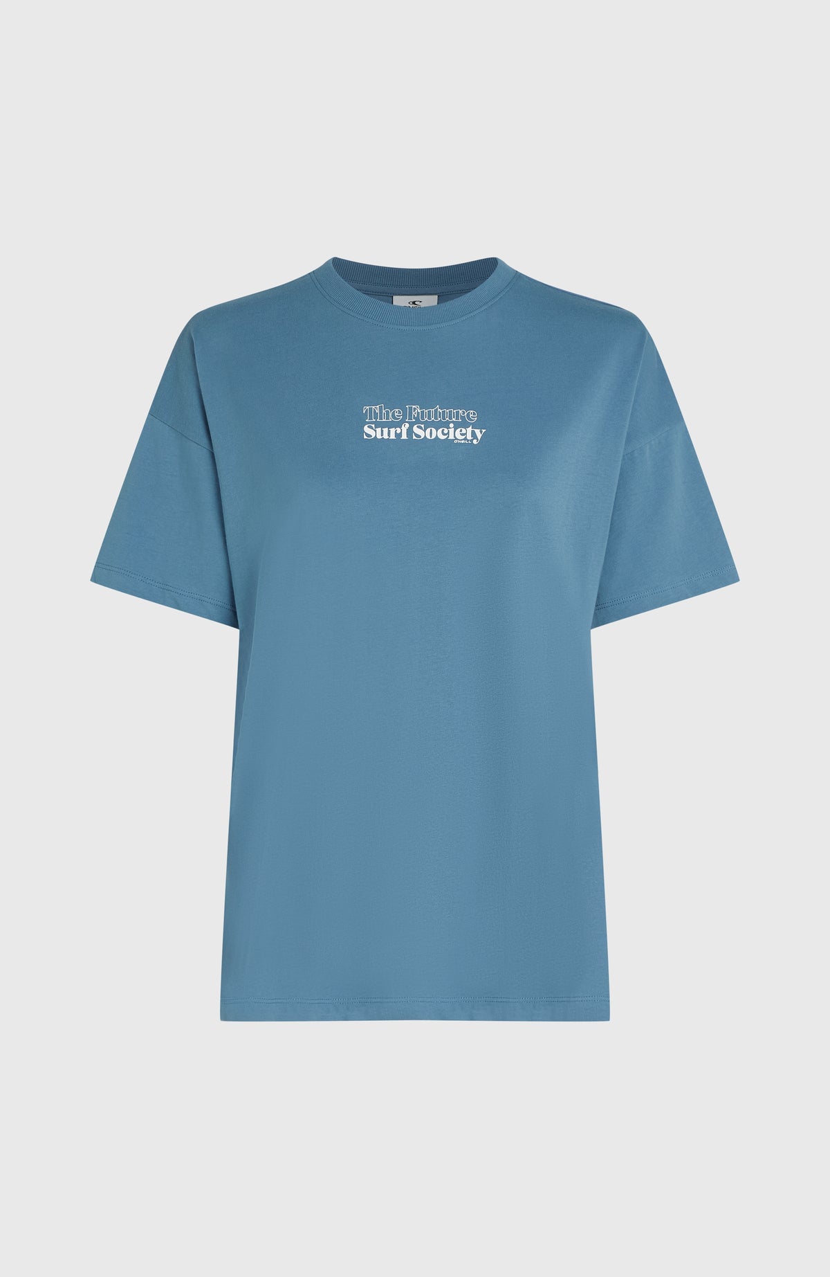 Future Surf Society T-Shirt für Damen, blau mit Logo-Print in Weiß, freigestellt von vorne