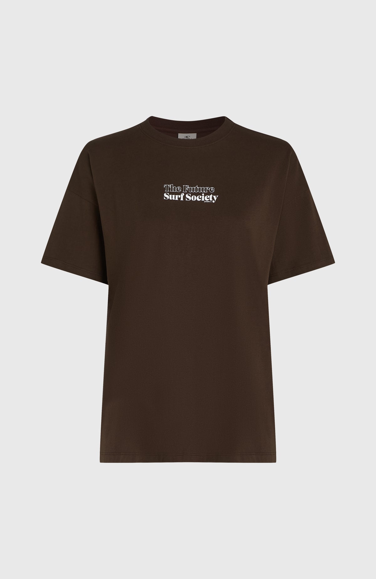 Future Surf Society T-Shirt für Damen, braun mit Logo-Print in Weiß, freigestellt in der Vorderansicht