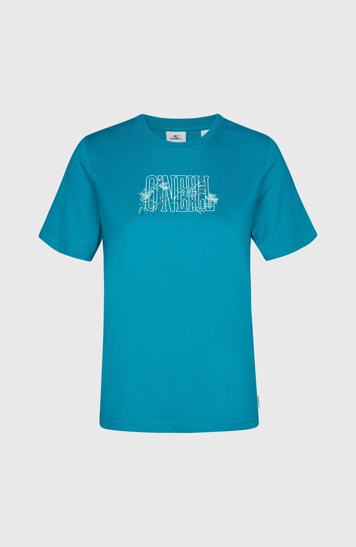 Graphic T-Shirt für Damen, blau mit Logo-Print in Weiß und Grün, flach liegend von vorne