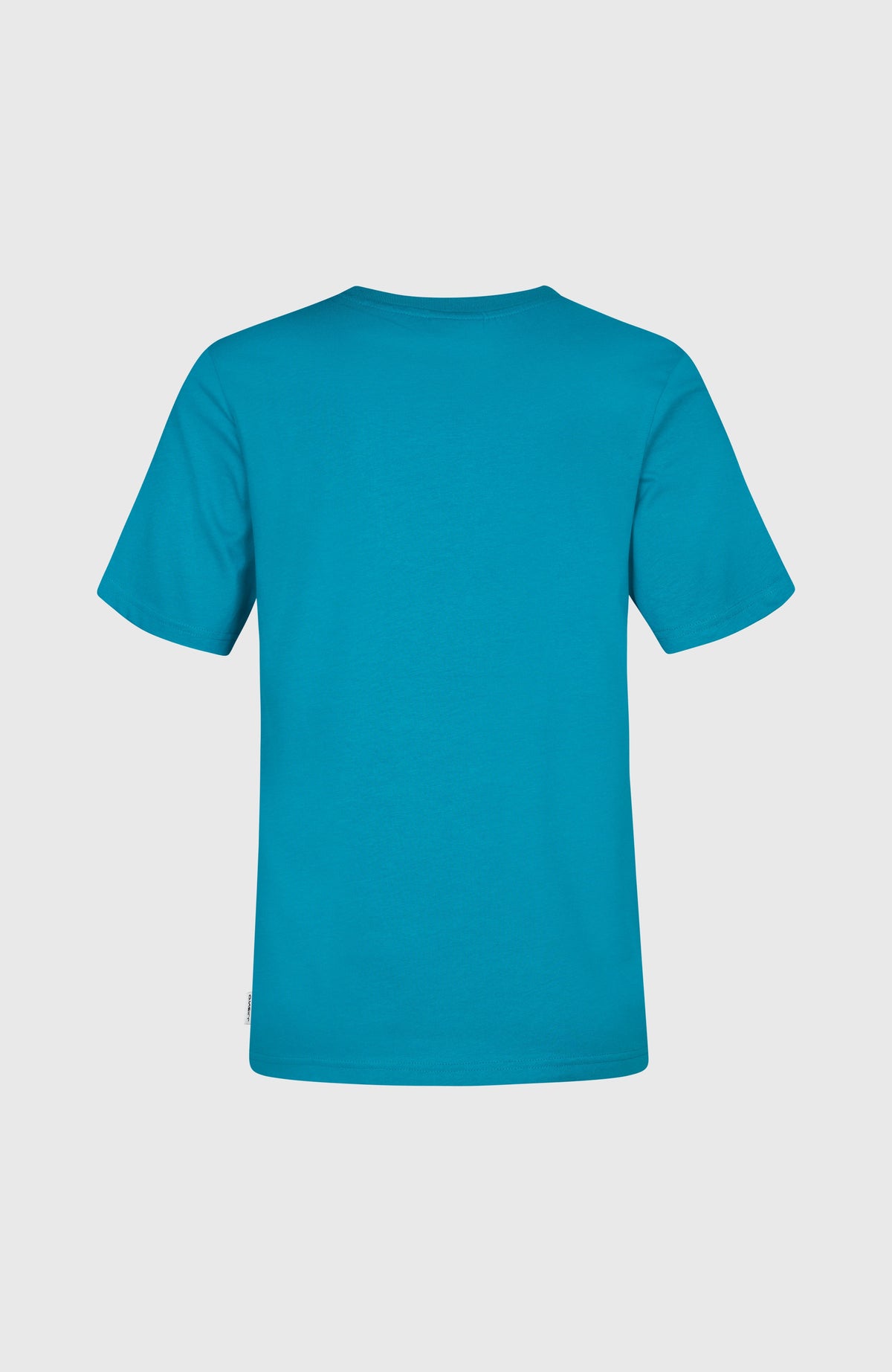 Graphic T-Shirt für Damen, blau mit Logo-Print in Weiß und Grün, flach liegend von hinten