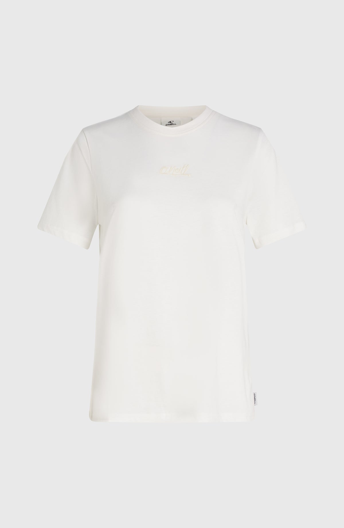 Essentials Script T-Shirt für Damen, weiß, freigestellt von vorne mit dezentem Bruststick