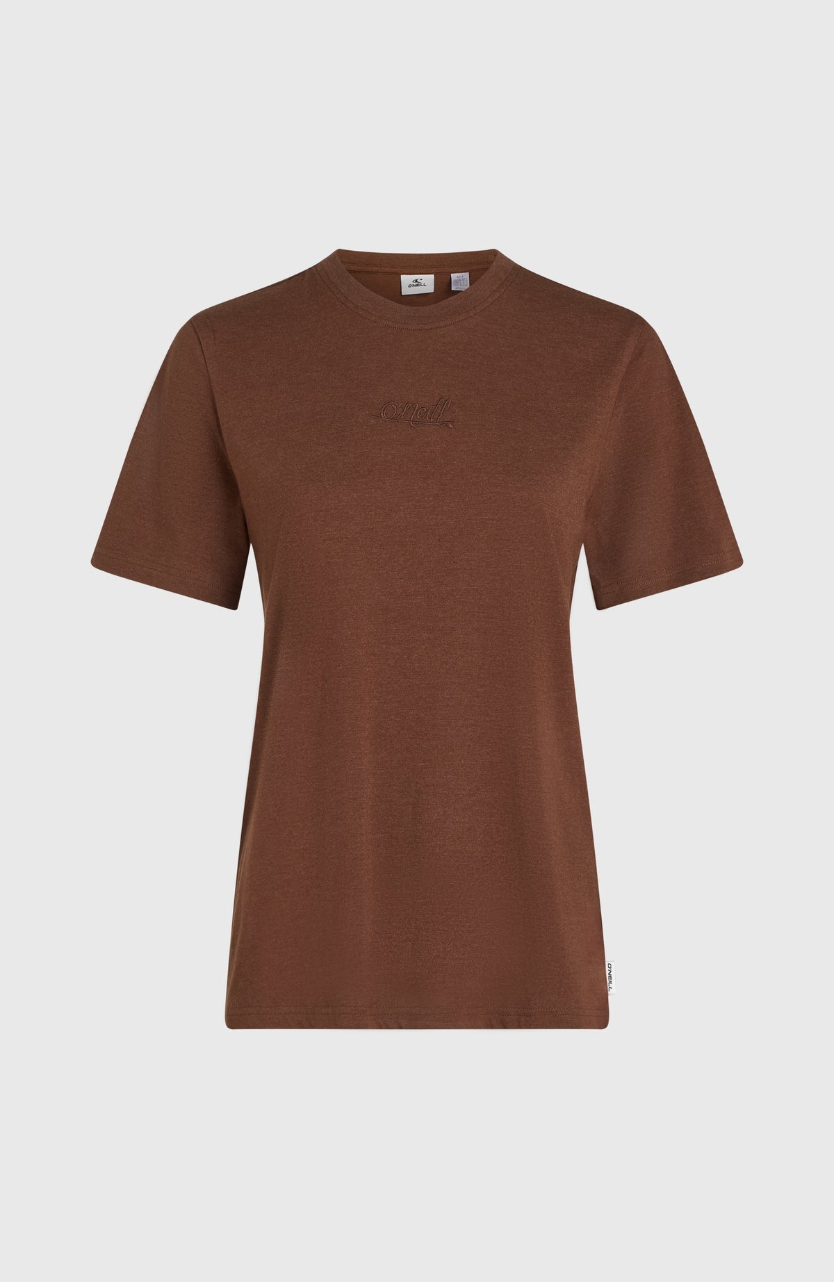 Essentials Script T-Shirt für Damen, braun, flach liegend von vorne mit kleinem Logo-Schriftzug