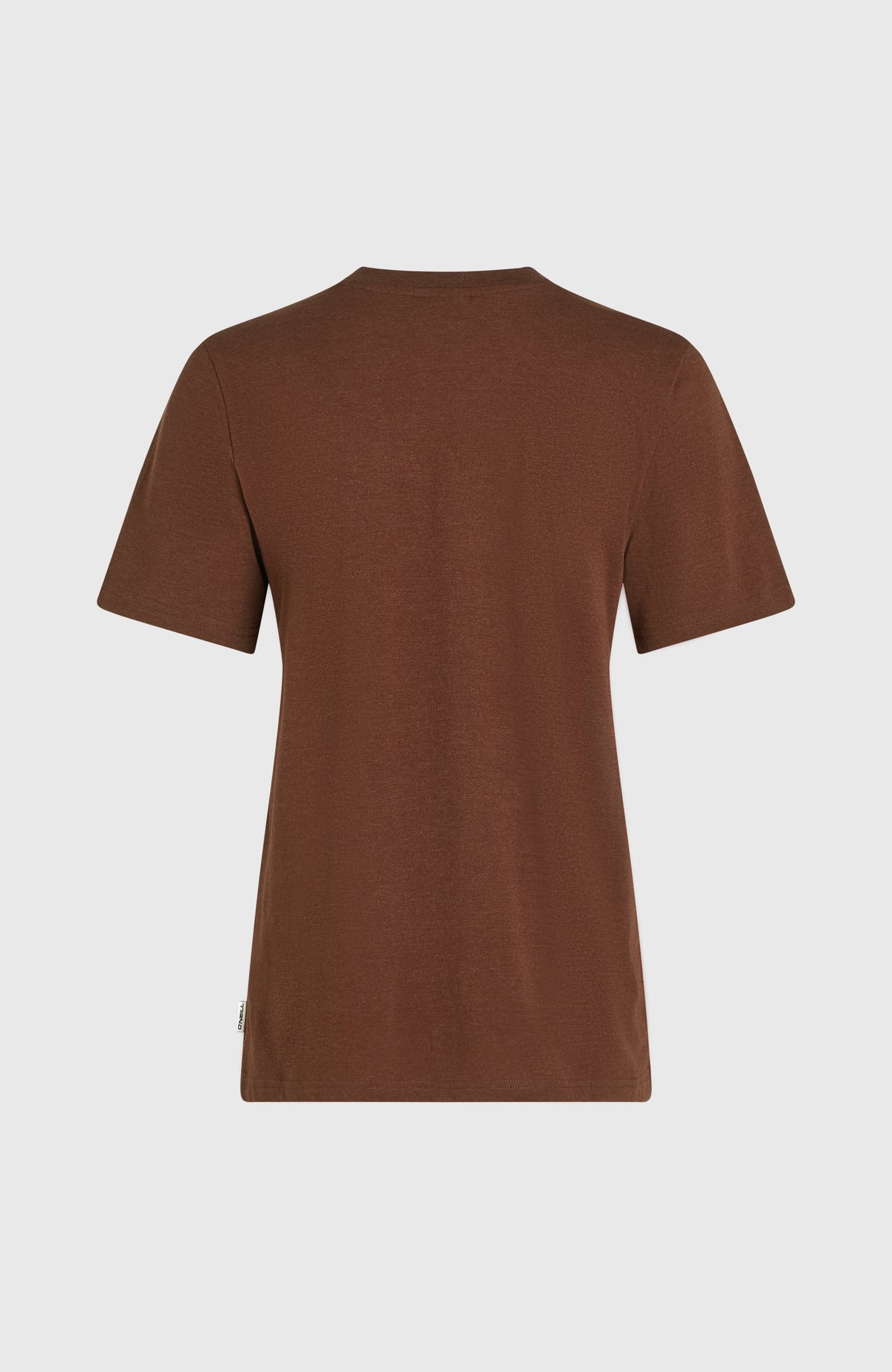 Essentials Script T-Shirt für Damen, braun, flach liegend von hinten mit kleinem Flag-Label am Saum
