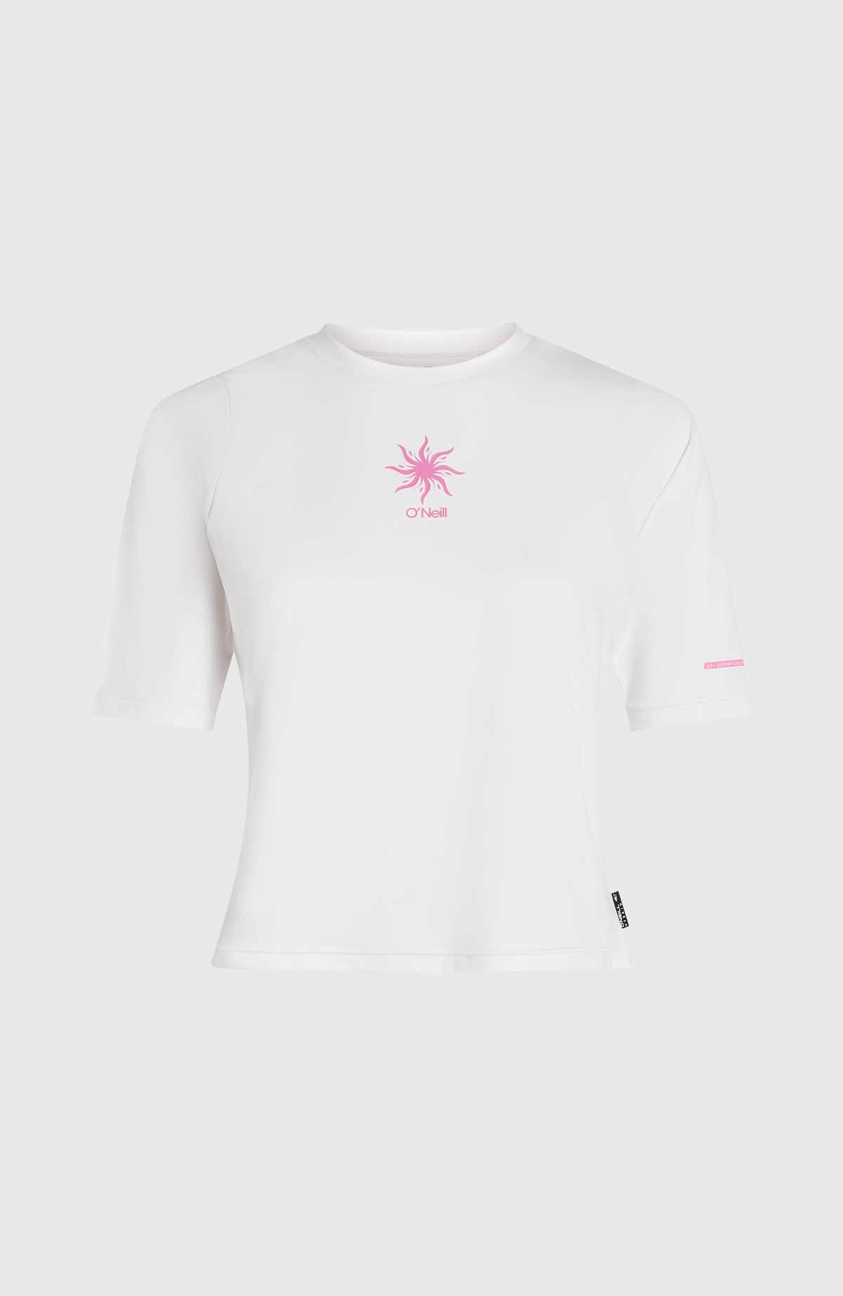 Hybrid Polygiene UPF 50+ T-Shirt für Damen, weiß mit Logo-Print in Pink, freigestellt von vorne