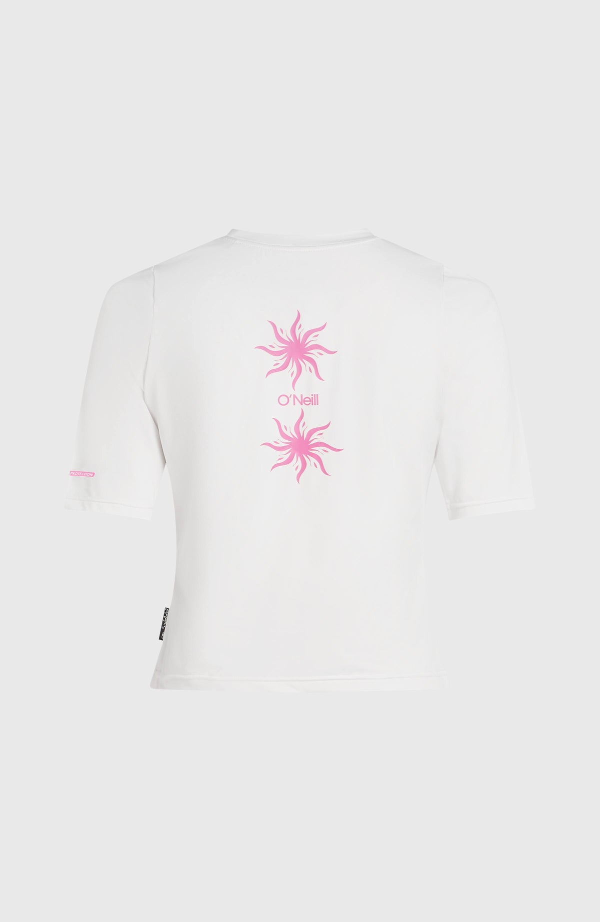 Hybrid Polygiene UPF 50+ T-Shirt für Damen, weiß mit Logo-Print in Pink, freigestellt von hinten