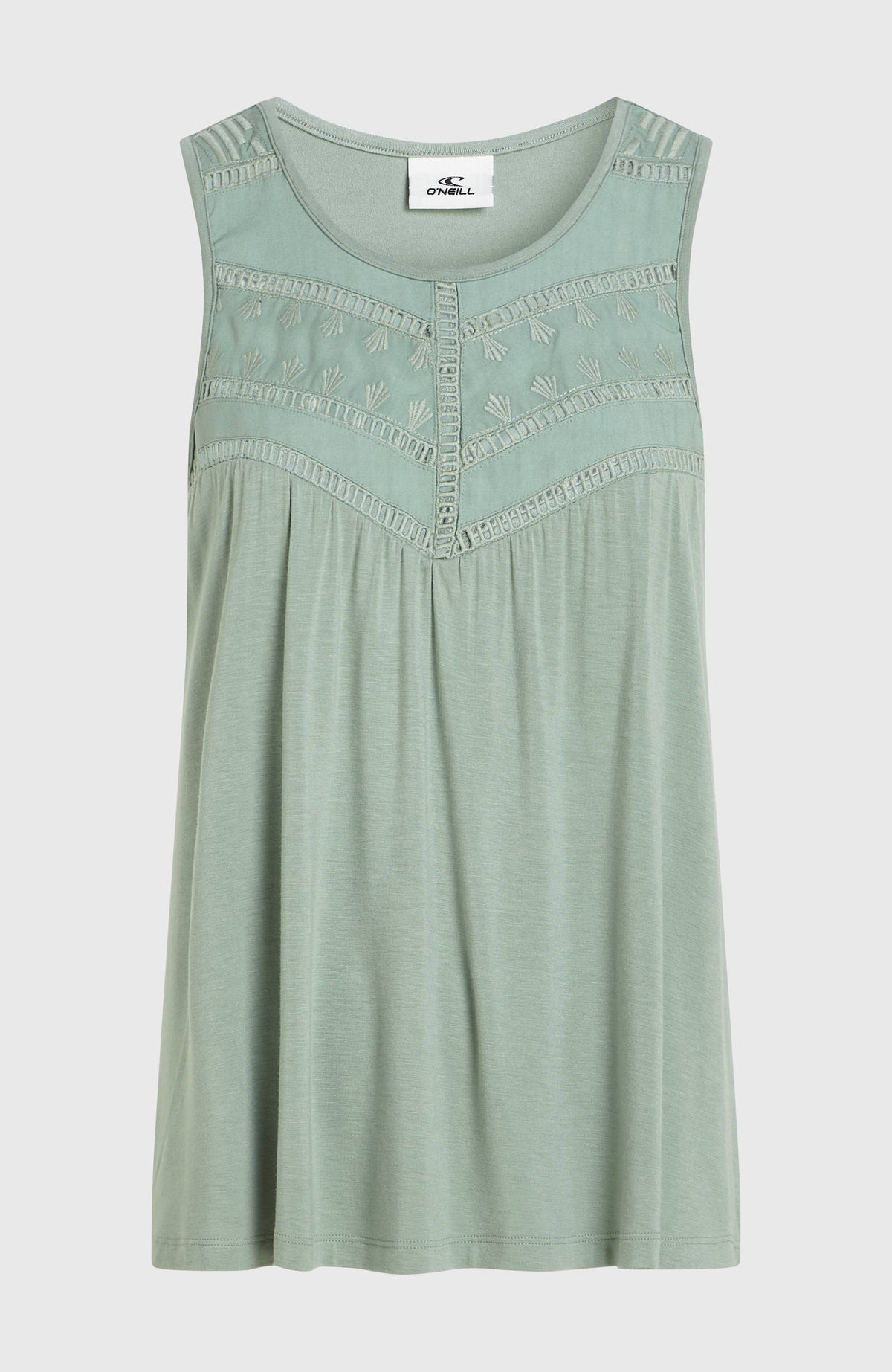 Essentials Tokeena Tanktop mit Stickerei für Damen, grün, freigestellt von vorne mit Zierstickerei