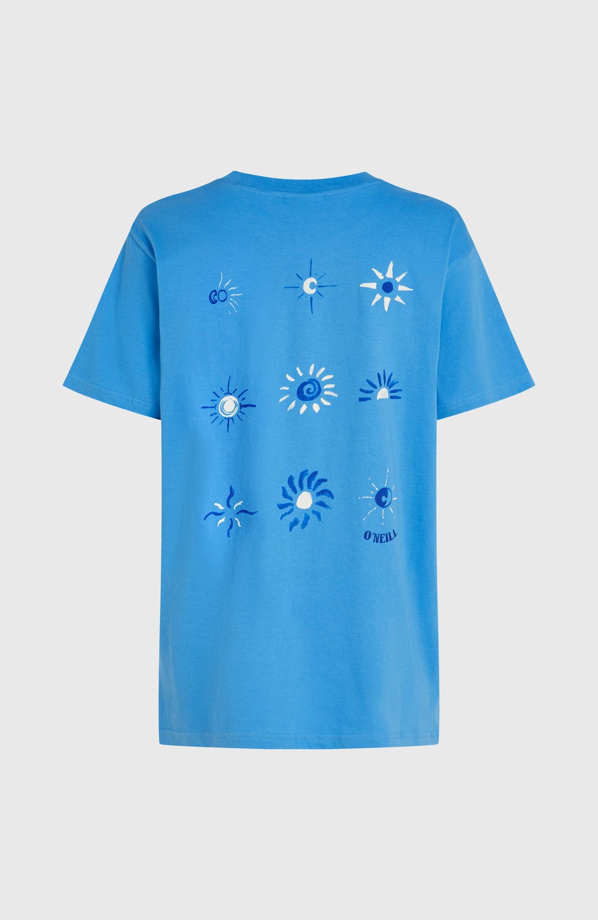 Women of the Wave T-Shirt für Damen, blau mit Sonnen-Print in Weiß und Dunkelblau, freigestellt von hinten