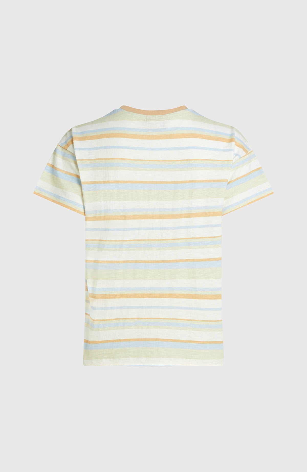 O'Riginals Boxy Stripe T-Shirt, blau mit Streifenmuster in Gelb und Weiß, freigestellt von hinten