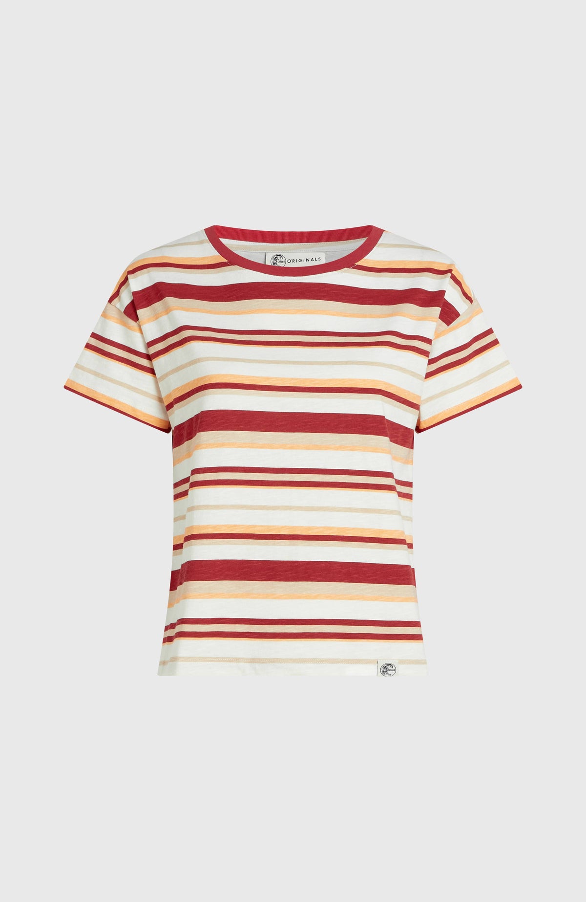 O'Riginals Boxy Stripe T-Shirt für Damen, beige mit Streifenmuster in Rot und Orange, freigestellt von vorne