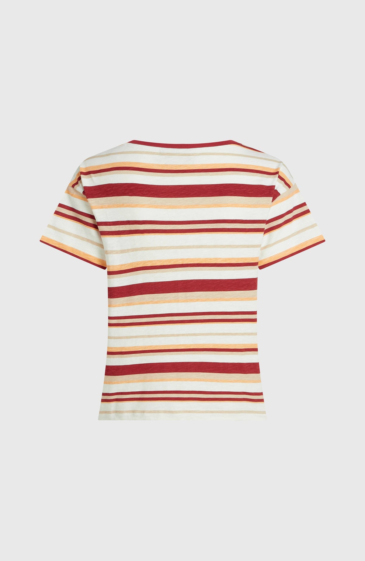 O'Riginals Boxy Stripe T-Shirt für Damen, beige mit Streifenmuster in Rot und Orange, freigestellt von hinten
