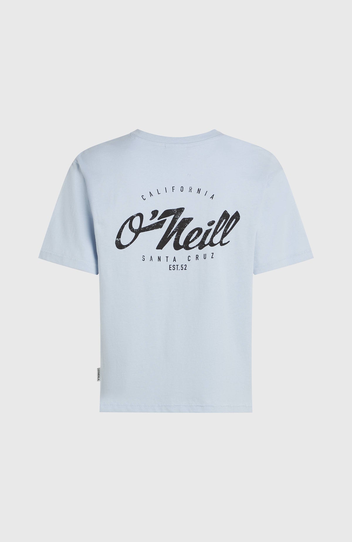 Boxy Back-Print T-Shirt für Damen, blau mit Logo-Print in Schwarz, freigestellt von hinten, großer Print