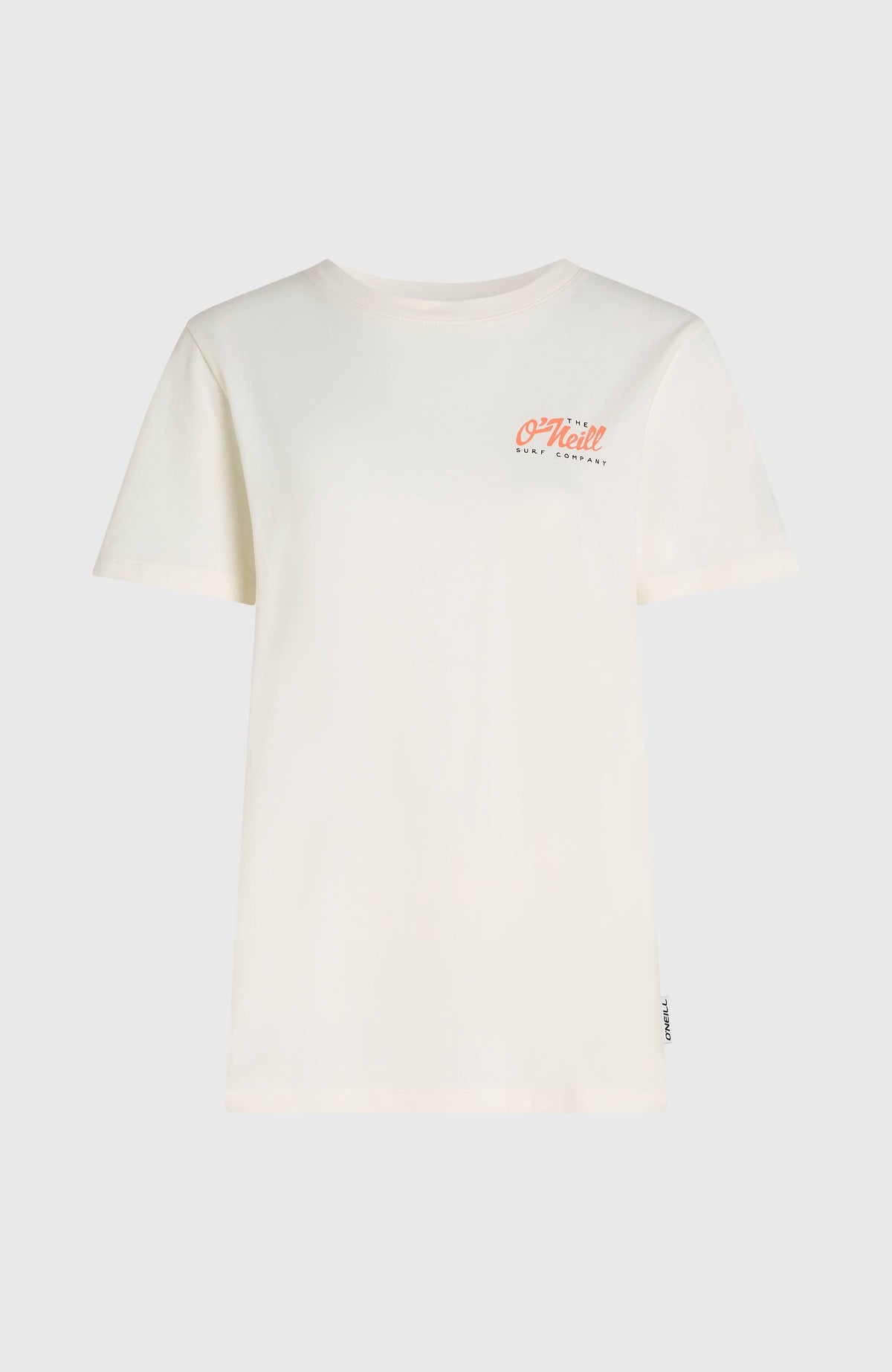 Graphic T-Shirt für Damen, weiß mit Grafik-Print in Orange und Schwarz, freigestellt von vorne mit Rundhalsausschnitt
