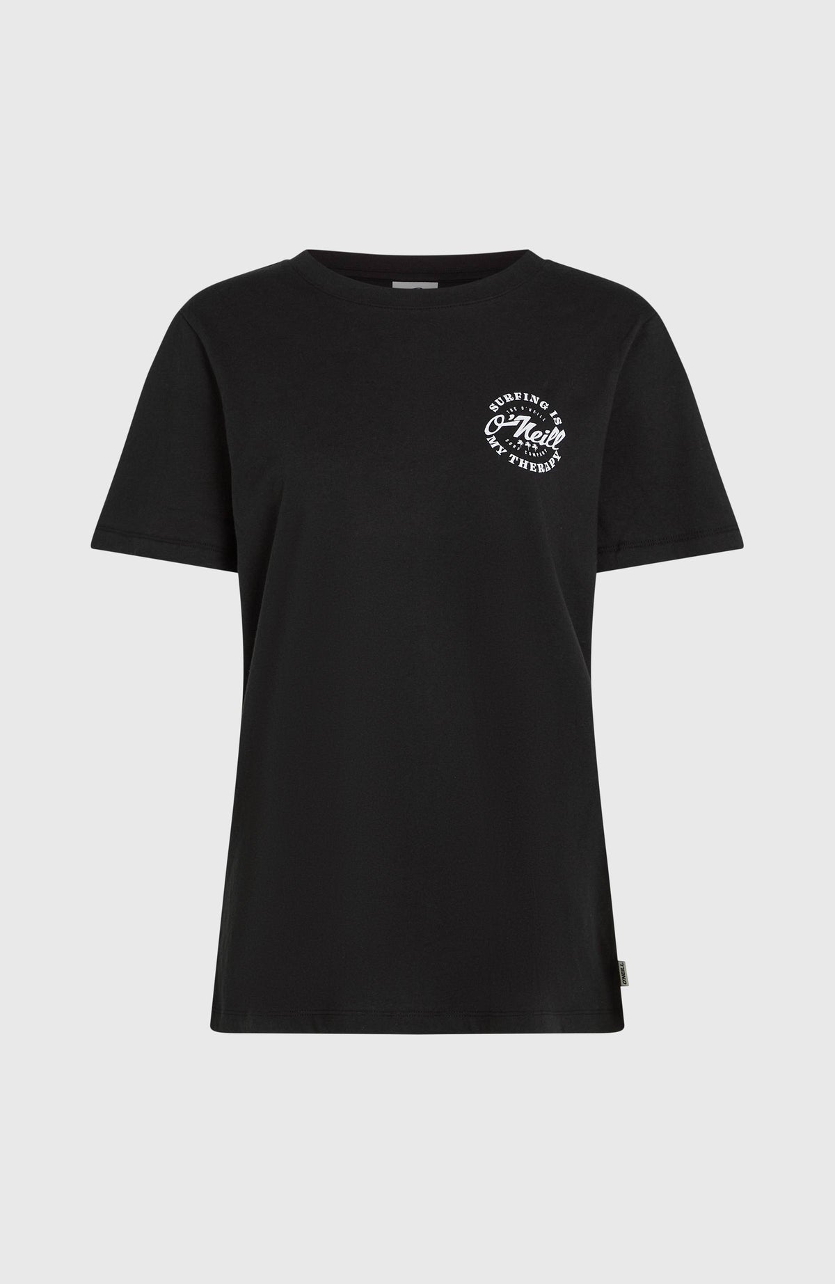 Graphic T-Shirt für Damen, schwarz mit Logo-Print in Weiß, freigestellt von vorne