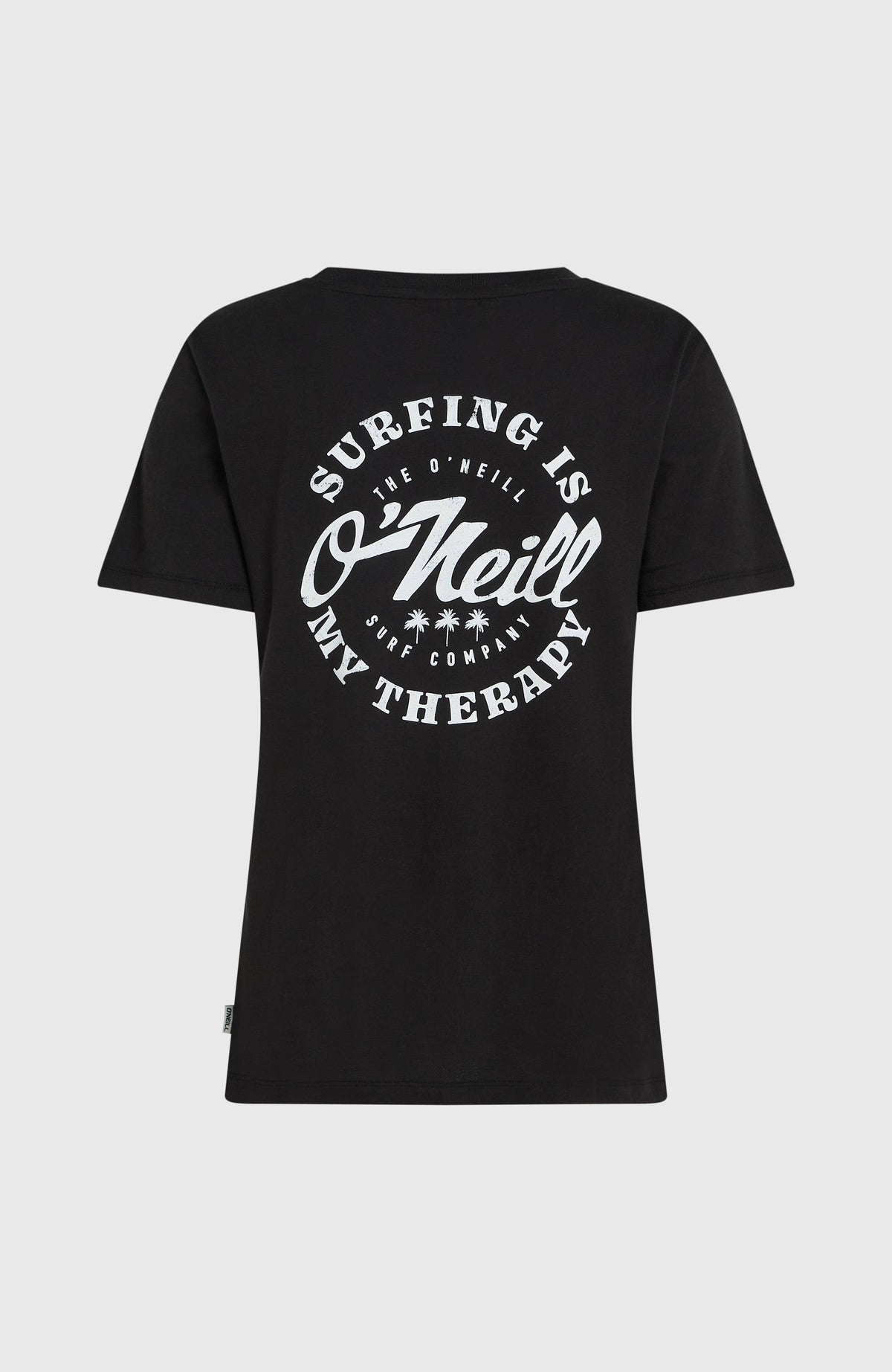 Graphic T-Shirt für Damen, schwarz mit Logo-Print in Weiß, freigestellt von hinten
