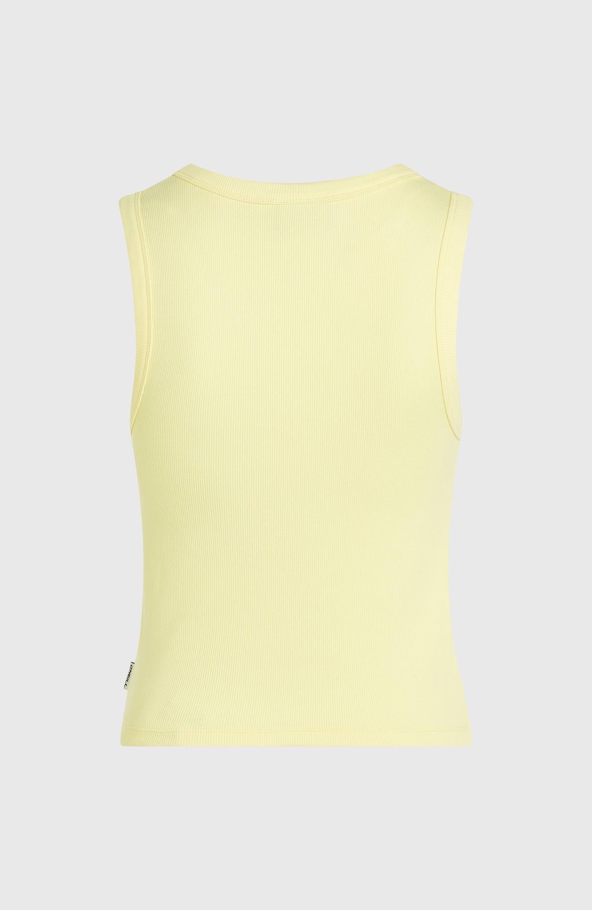 Rib Tanktop für Damen, gelb mit Logo-Print in Weiß, freigestellt von hinten mit Saumnaht
