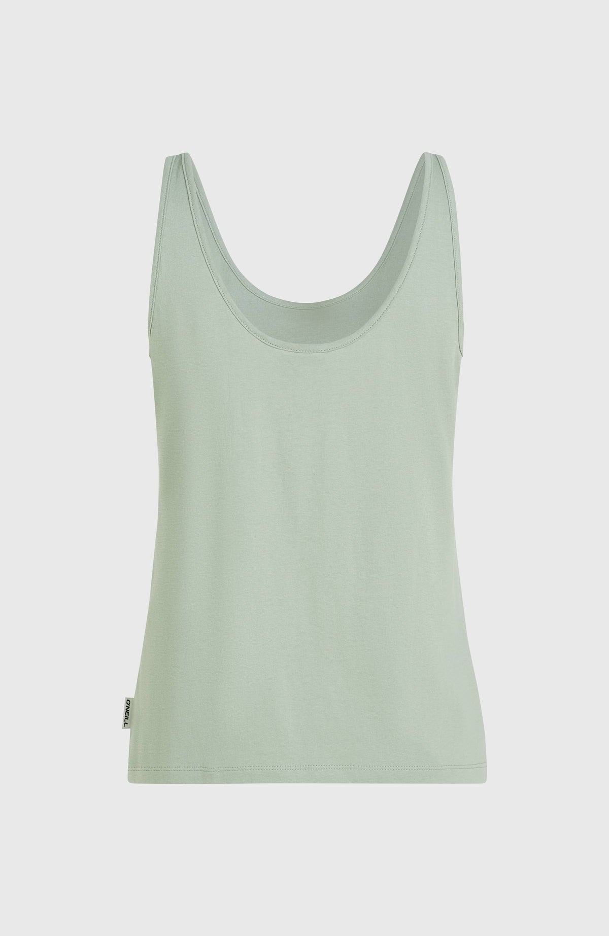 Graphic Tanktop für Damen, grün mit Logo-Print in Weiß und Gelb, freigestellt von hinten mit tiefem Rückenausschnitt