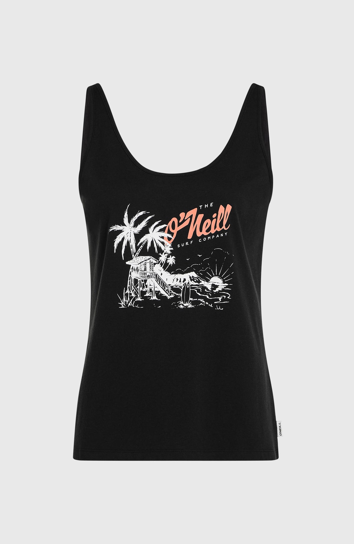 Graphic Tanktop für Damen, schwarz mit Grafik-Print in Weiß und Koralle, freigestellt von vorne