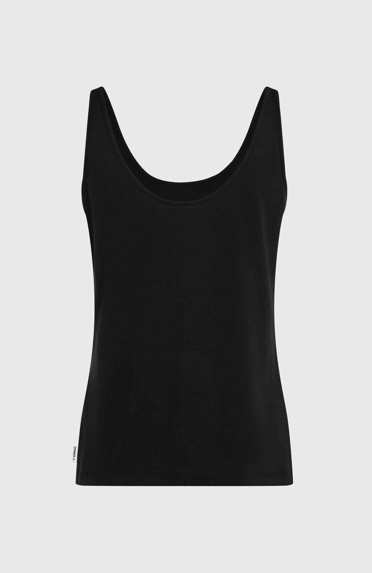 Graphic Tanktop für Damen, schwarz, freigestellt von hinten mit tiefem Rückenausschnitt und Logo-Label