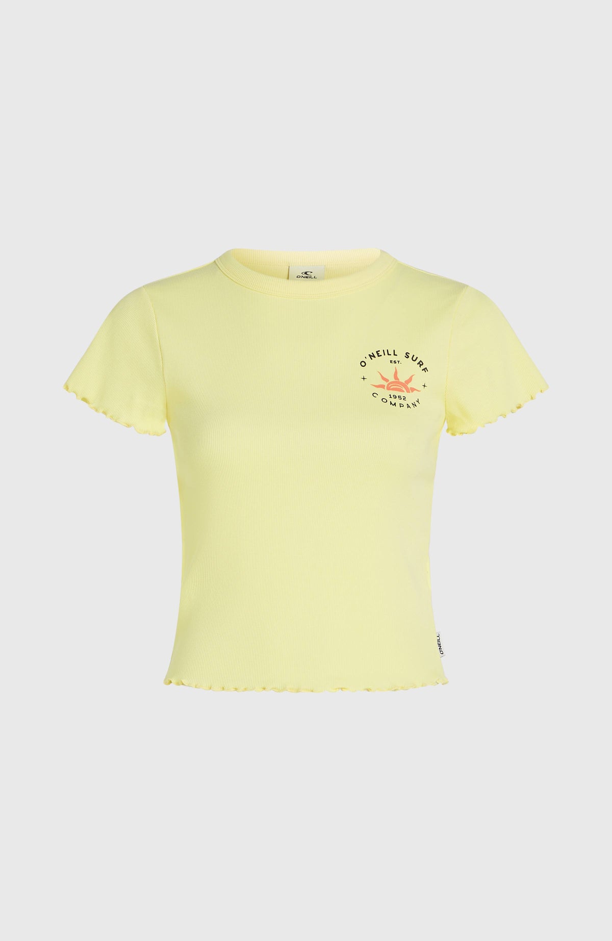 Rib T-Shirt für Damen, gelb, flach liegend von vorne mit kleinem Print auf der Brust