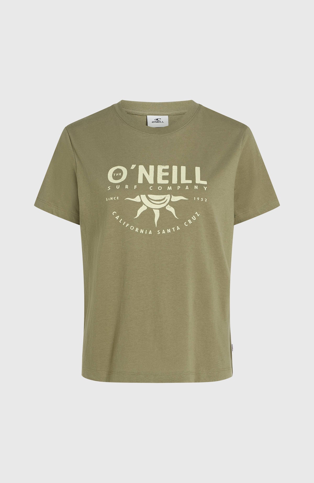 Front Print T-Shirt für Damen, grün mit Logo-Print in Cremeweiß, flach liegend von vorne