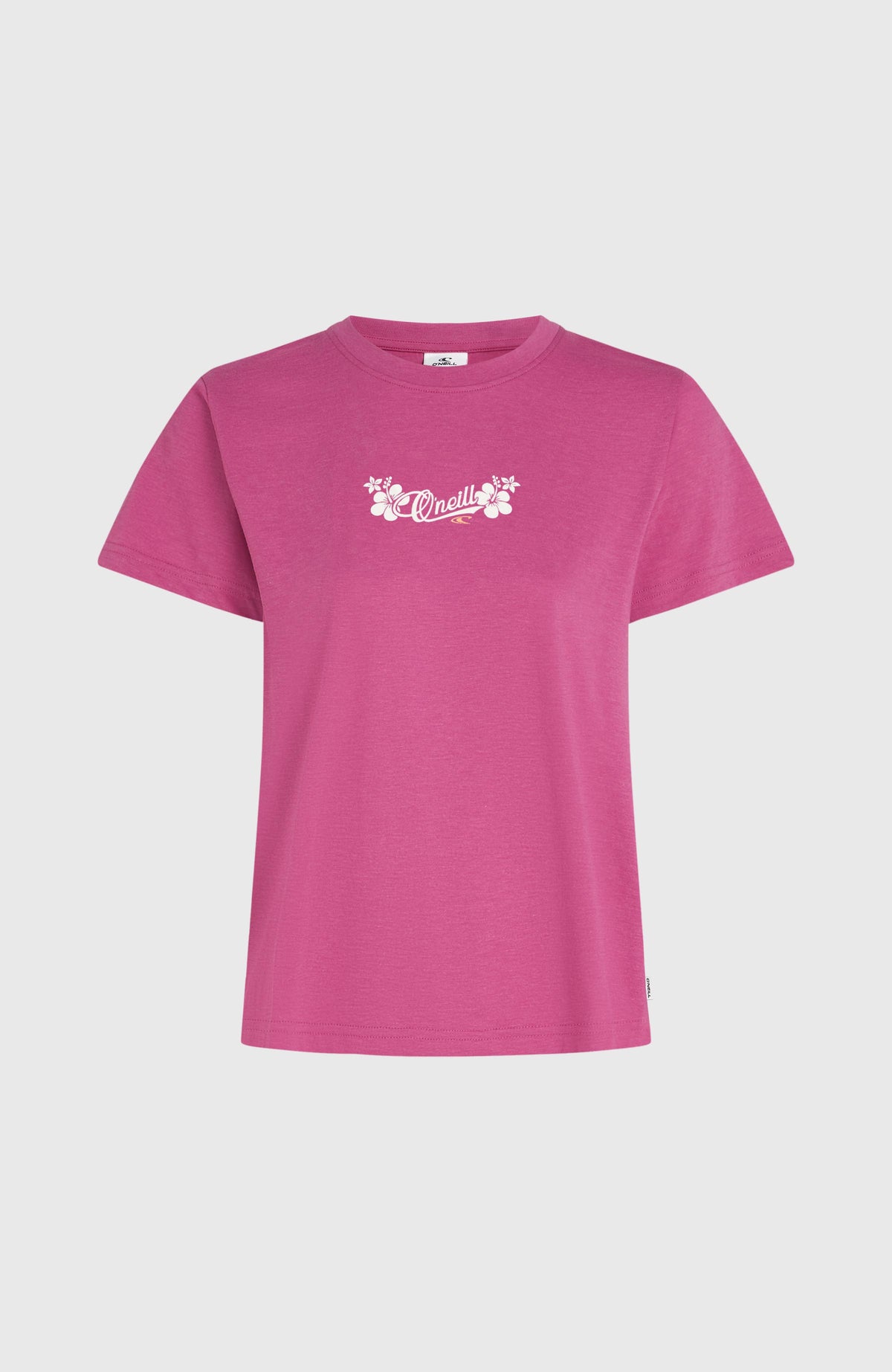 Essentials Script T-Shirt für Damen, lila mit Logo-Print in Weiß, freigestellt von vorne