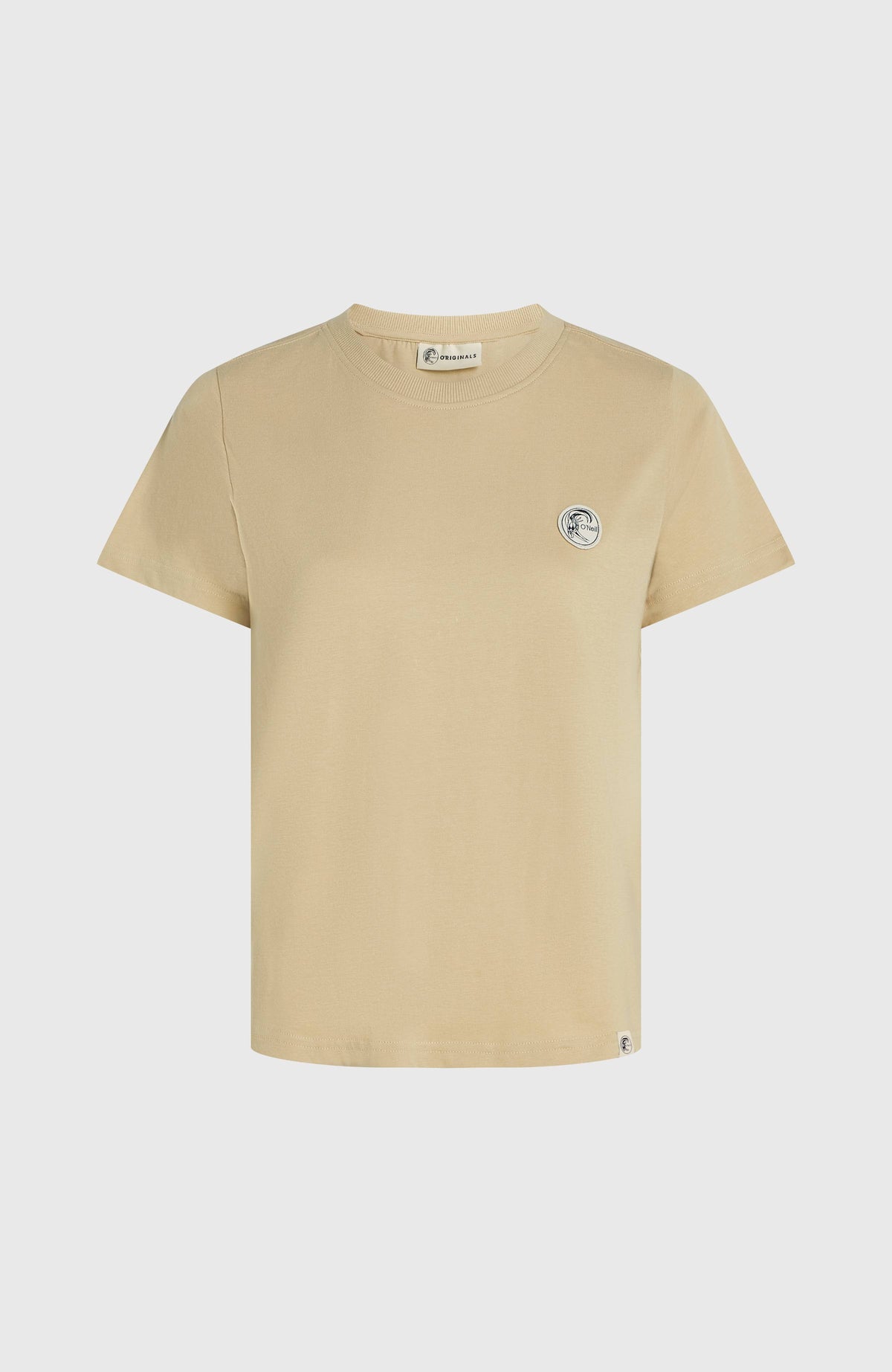 O'Riginals Badge T-Shirt für Damen, beige, freigestellt von vorne mit rundem Logo-Badge