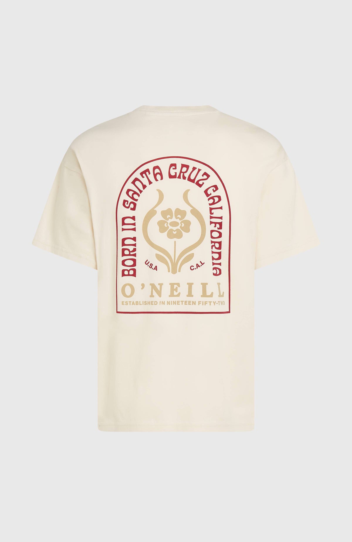 O'Riginals Back-Print T-Shirt, weiß mit Logo-Print in Rot und Beige, flach liegend von hinten