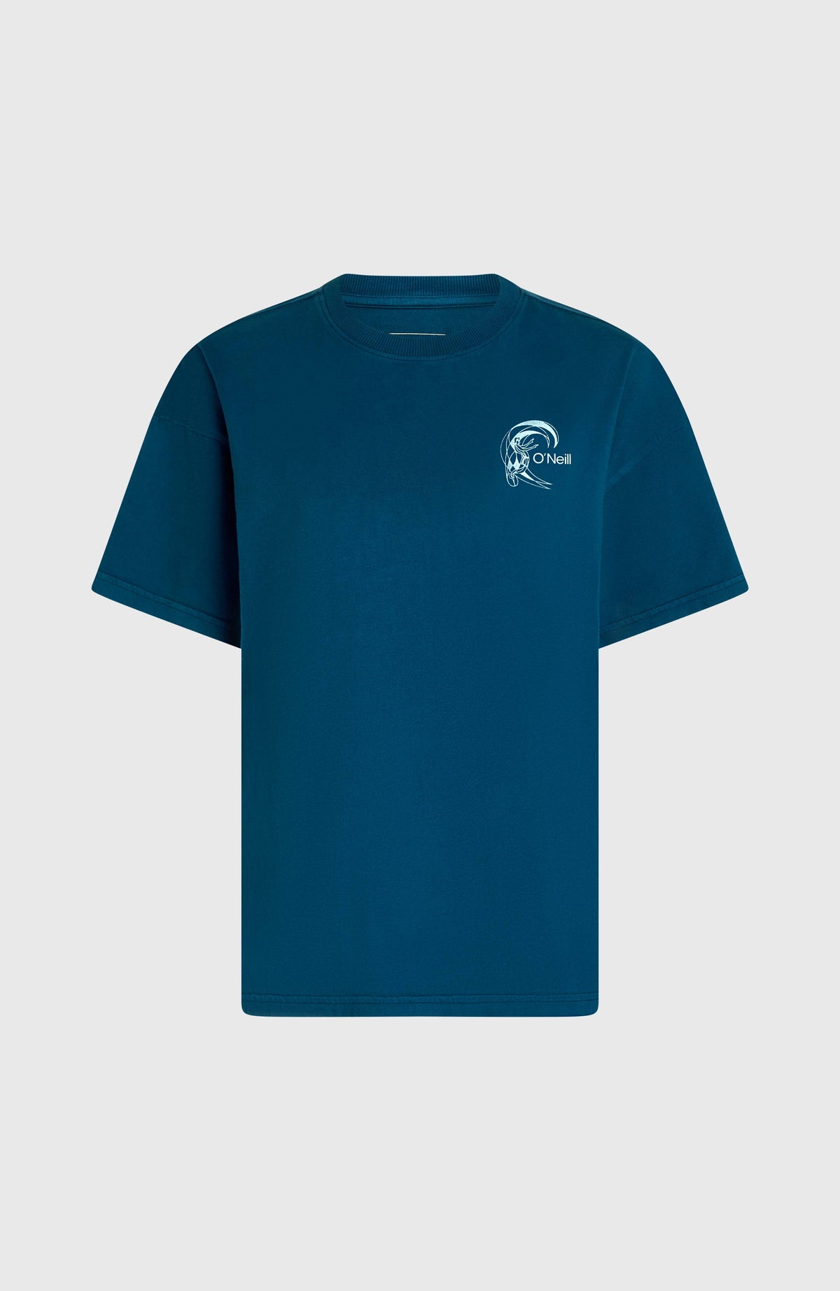 O'Riginals Back-Print T-Shirt für Damen, blau mit Grafik-Print in Hellblau und Weiß, flach liegend von vorne