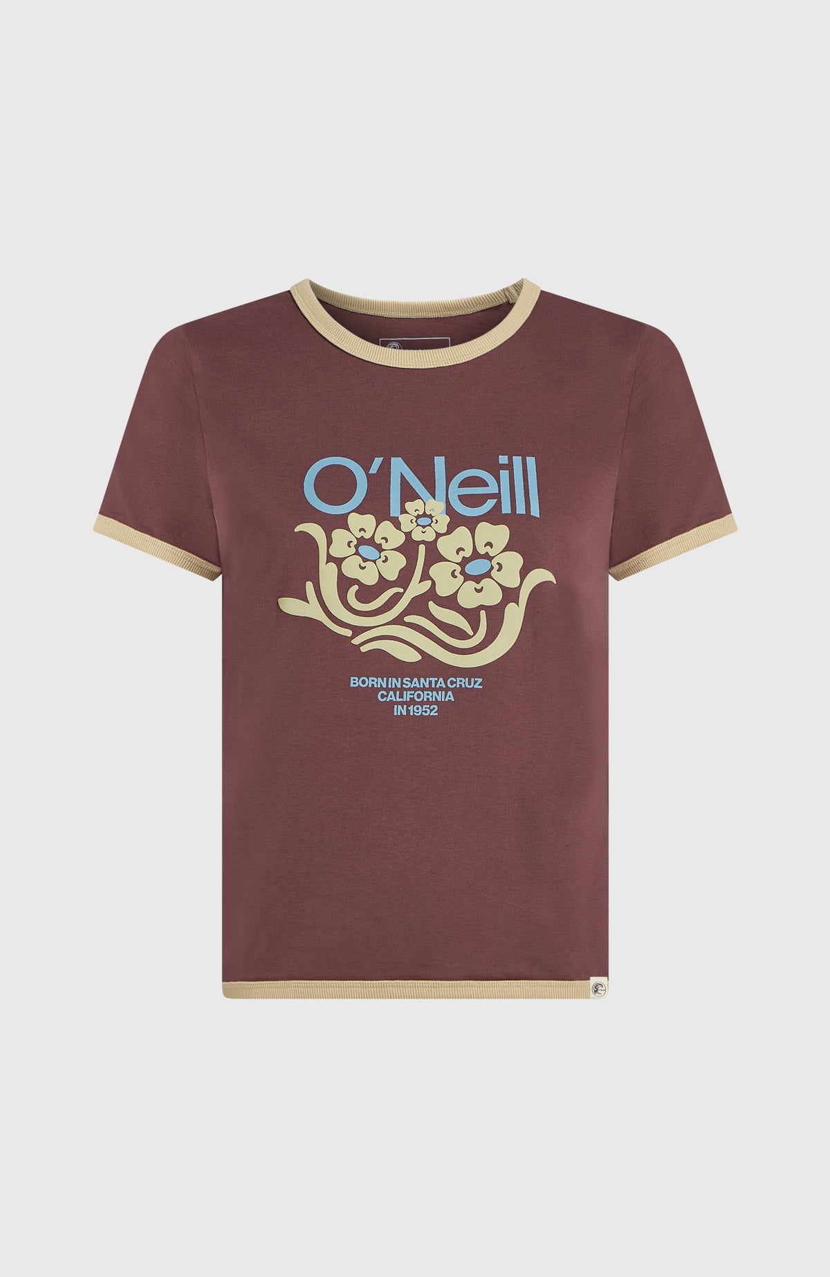 O'Riginals Front Print T-Shirt für Damen, lila mit Logo-Print in Beige und Blau, flach liegend von vorne