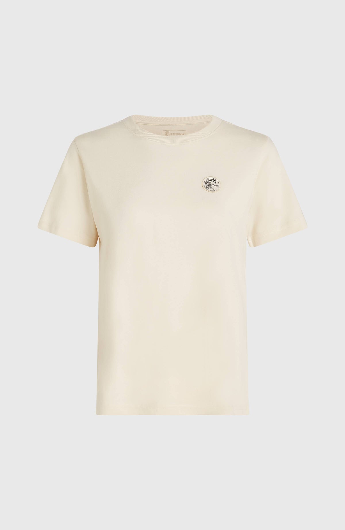 O'Riginals Badge T-Shirt für Damen, weiß, freigestellt von vorne mit rundem Logo-Badge