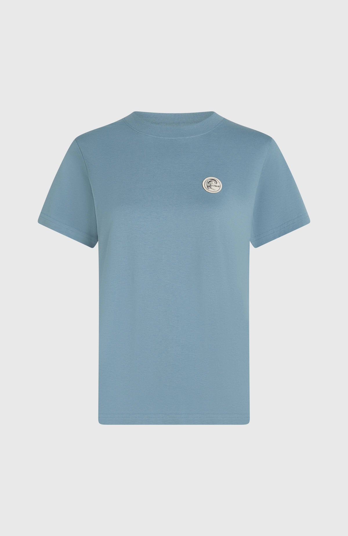O'Riginals Badge T-Shirt für Damen, blau, freigestellt von vorne mit rundem Ausschnitt