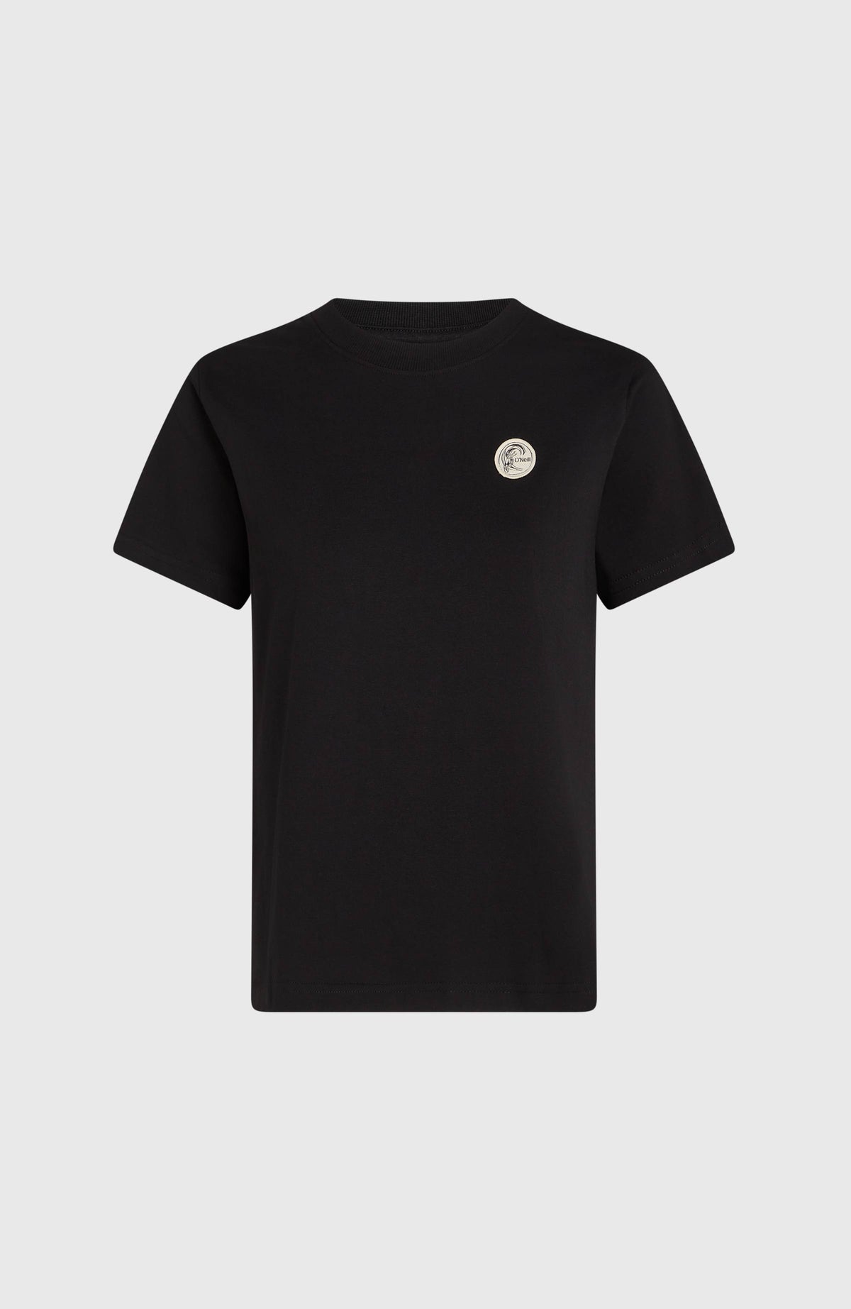 O'Riginals Badge T-Shirt für Damen, schwarz, freigestellt von vorne mit kleinem Logo-Badge
