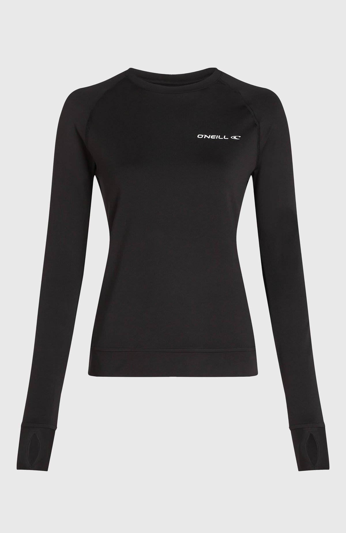 Schwarzes Thermoshirt für Damen, freigestellt von vorne mit Daumenlöchern