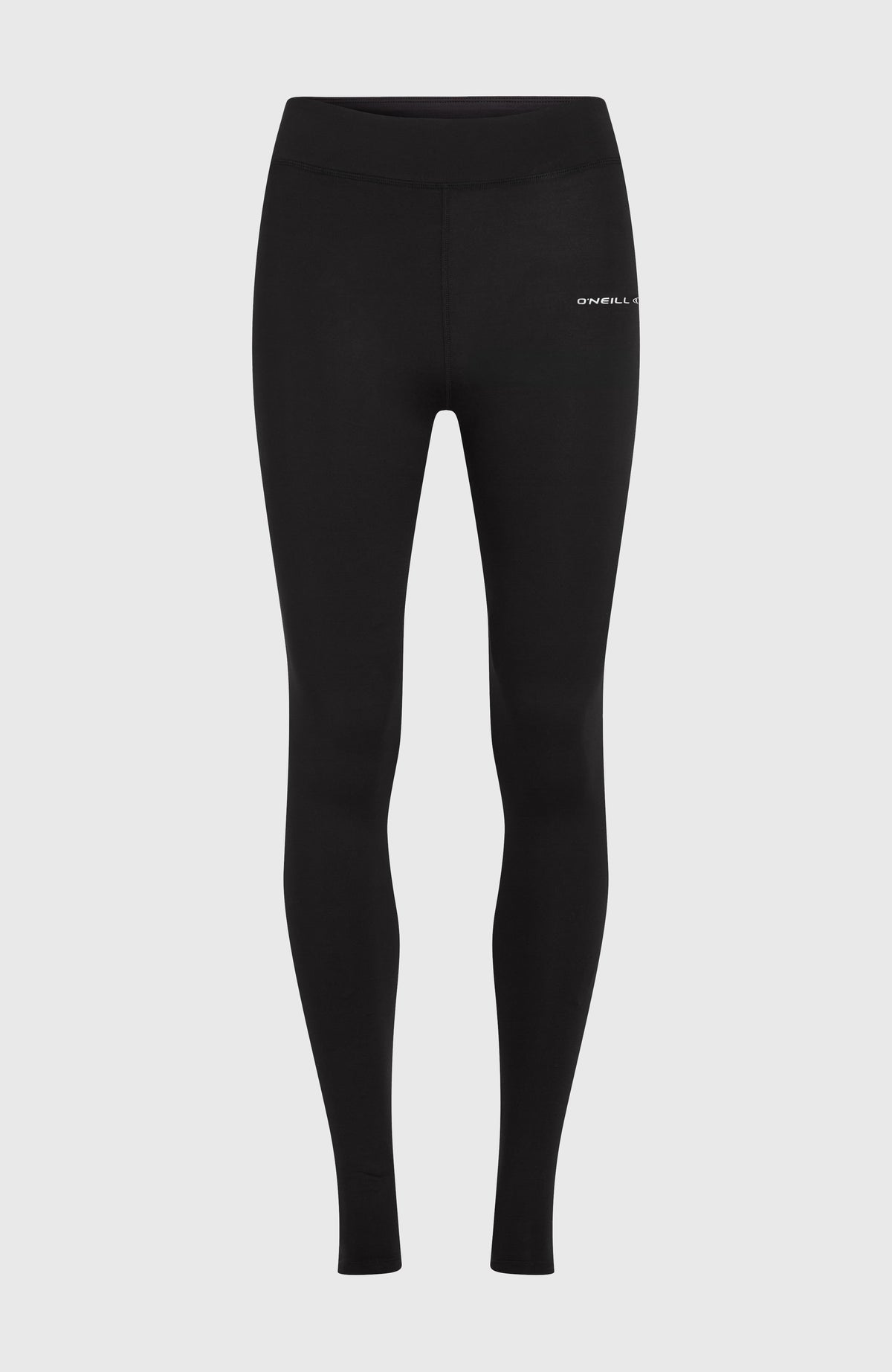 Schwarze Thermounterhose für Damen, freigestellt von vorne, Bund mit weißem Logo-Print