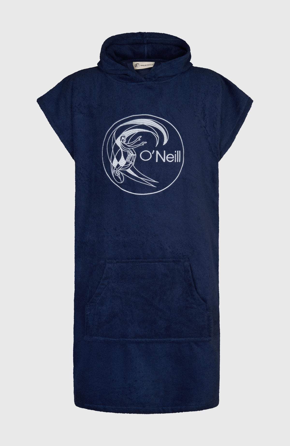 O'Riginals Poncho-Handtuch für Herren, blau mit Logo-Stickerei in Weiß, flach liegend von vorne mit Fronttasche