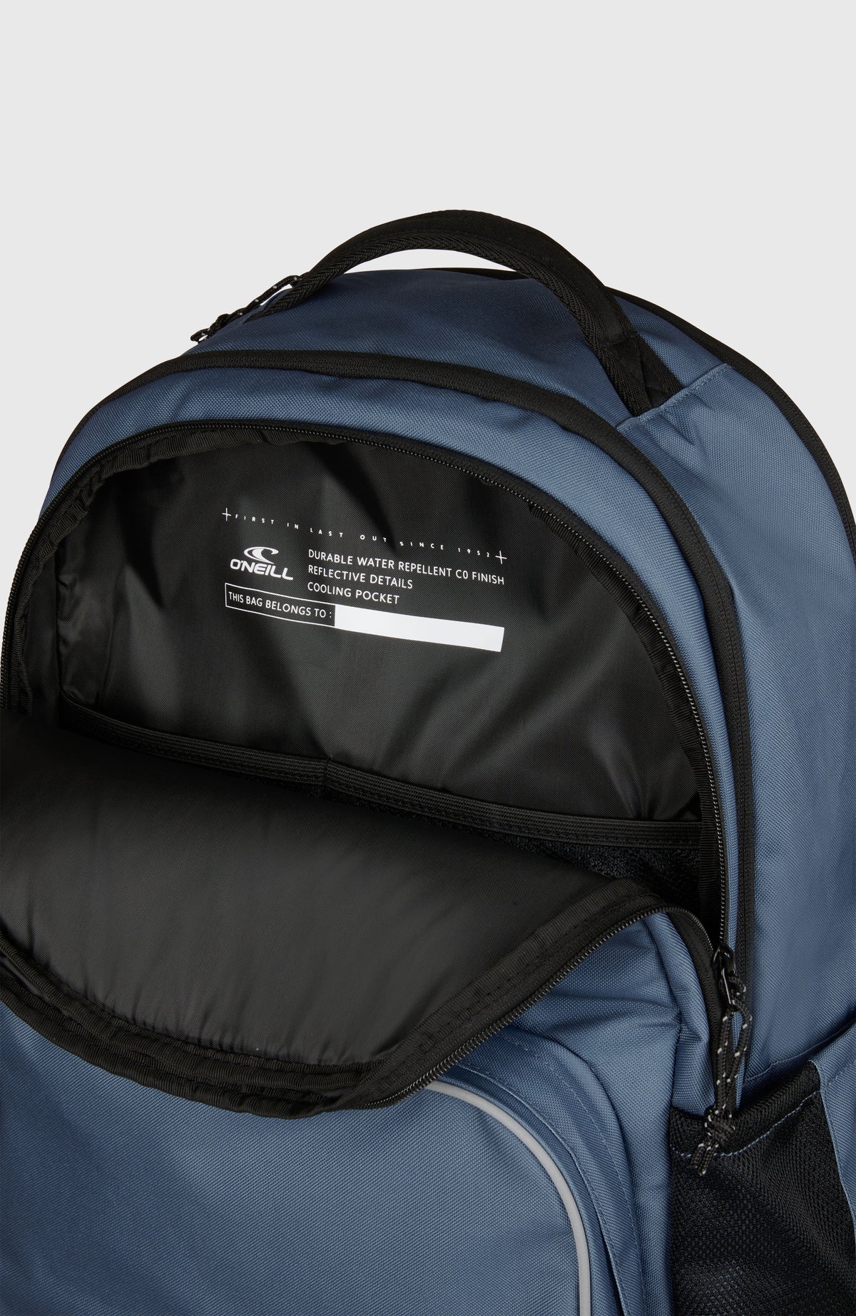 President Rucksack für Herren, blau, Nahaufnahme des geöffneten Hauptfachs mit Innenfutter und Reißverschluss