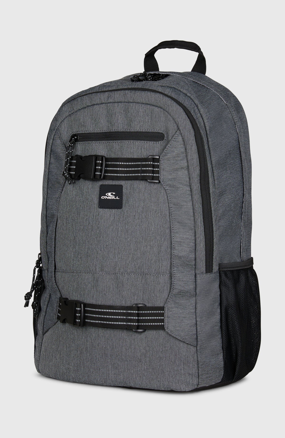 Boarder Rucksack für Herren, grau, freigestellt von der Seite mit seitlicher Netztasche und Logo-Patch