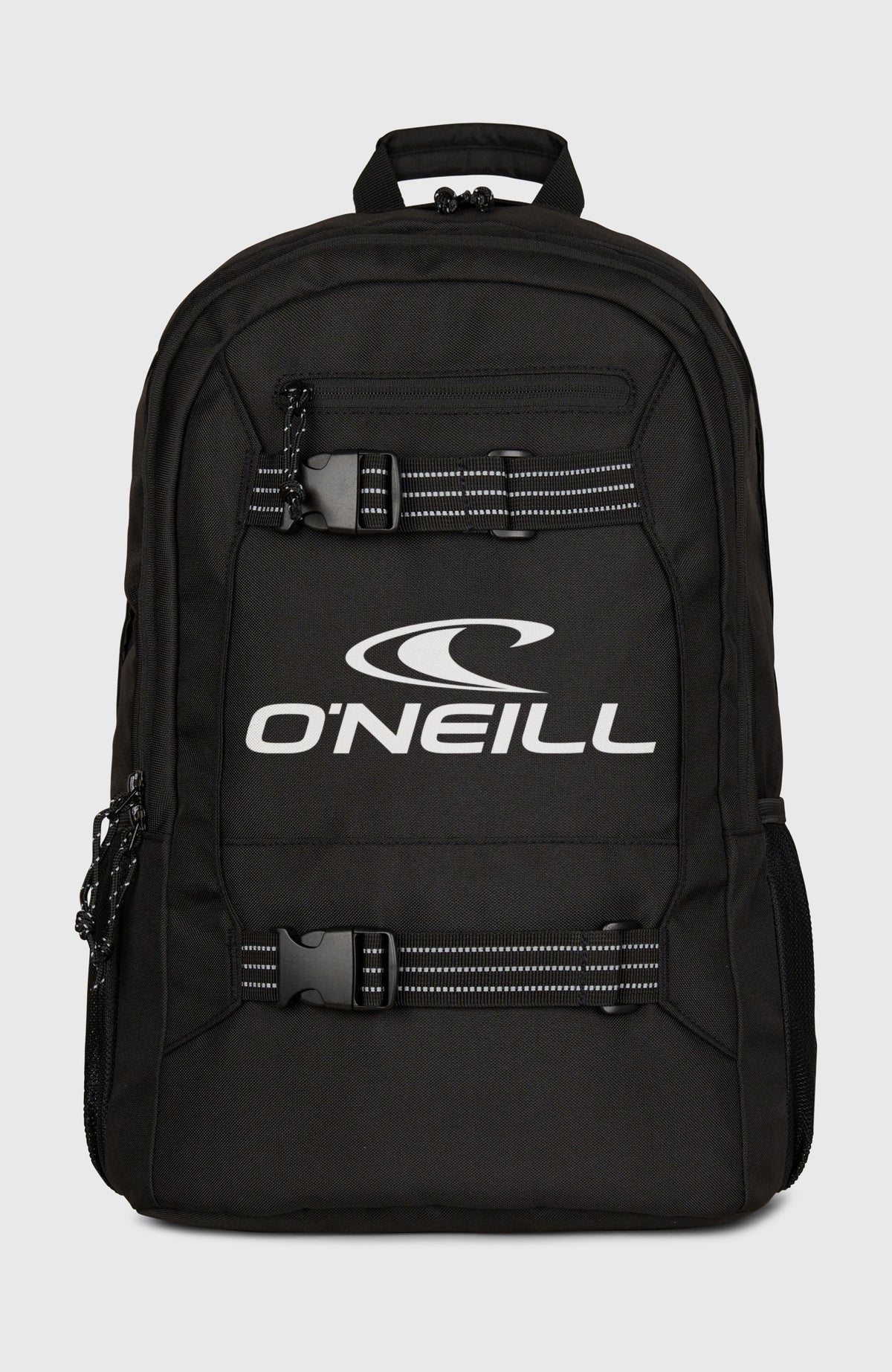 O'Neill Boarder Rucksack für Herren, schwarz mit Logo-Print in Weiß, Vorderansicht, freigestellt