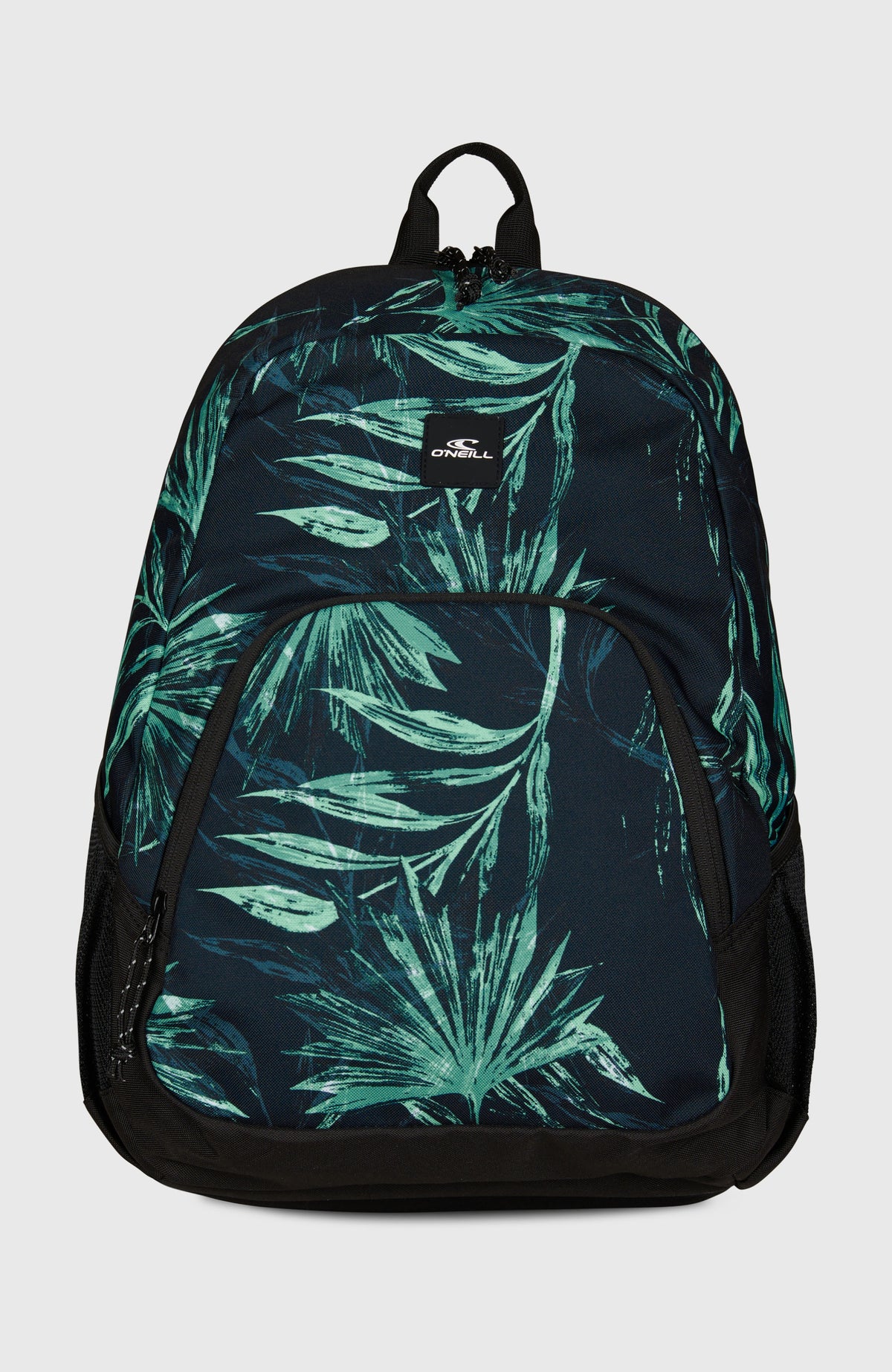 O'Neill Wedge Rucksack für Herren, blau mit Palmenmuster in Grün, freigestellt in der Vorderansicht
