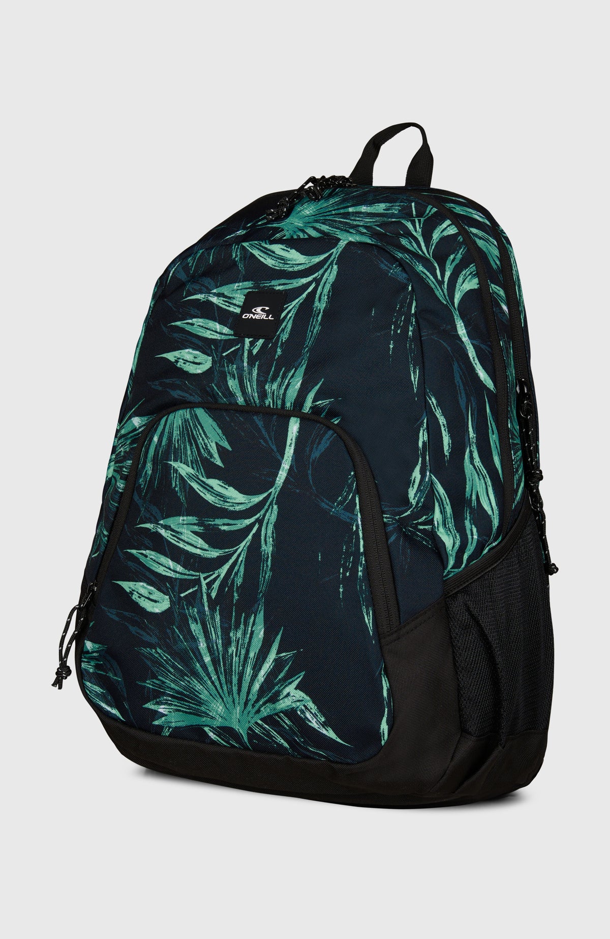 Wedge Rucksack für Herren, blau mit Palmenmuster in Grün, freigestellt von schräg vorne mit Netztasche