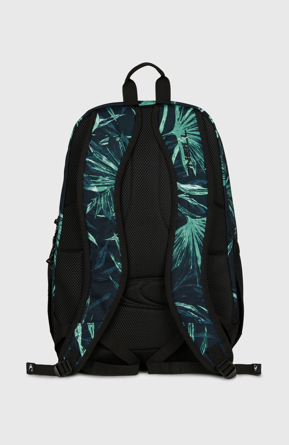 Wedge Rucksack für Herren, blau mit Palmenmuster in Grün, freigestellt von hinten mit gepolsterten Trägern