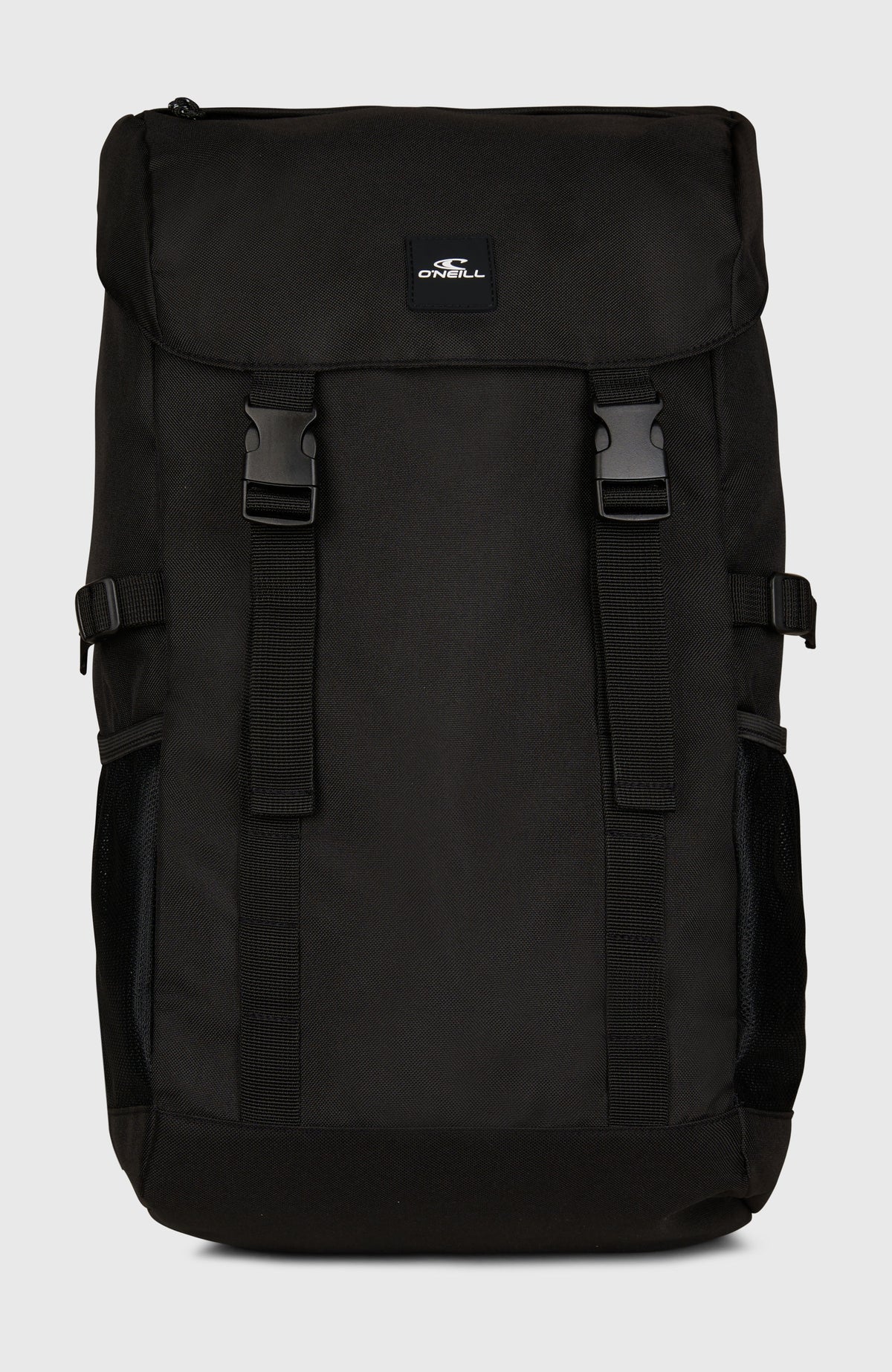 O'Neill Toploader Rucksack für Herren in Schwarz, freigestellt von vorne mit Klickverschlüssen und Logo-Patch