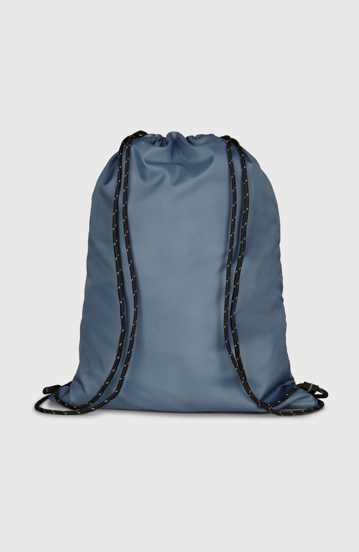 Turnbeutel für Herren, blau mit Logo-Print in Grau, freigestellt von hinten mit Kordelzügen