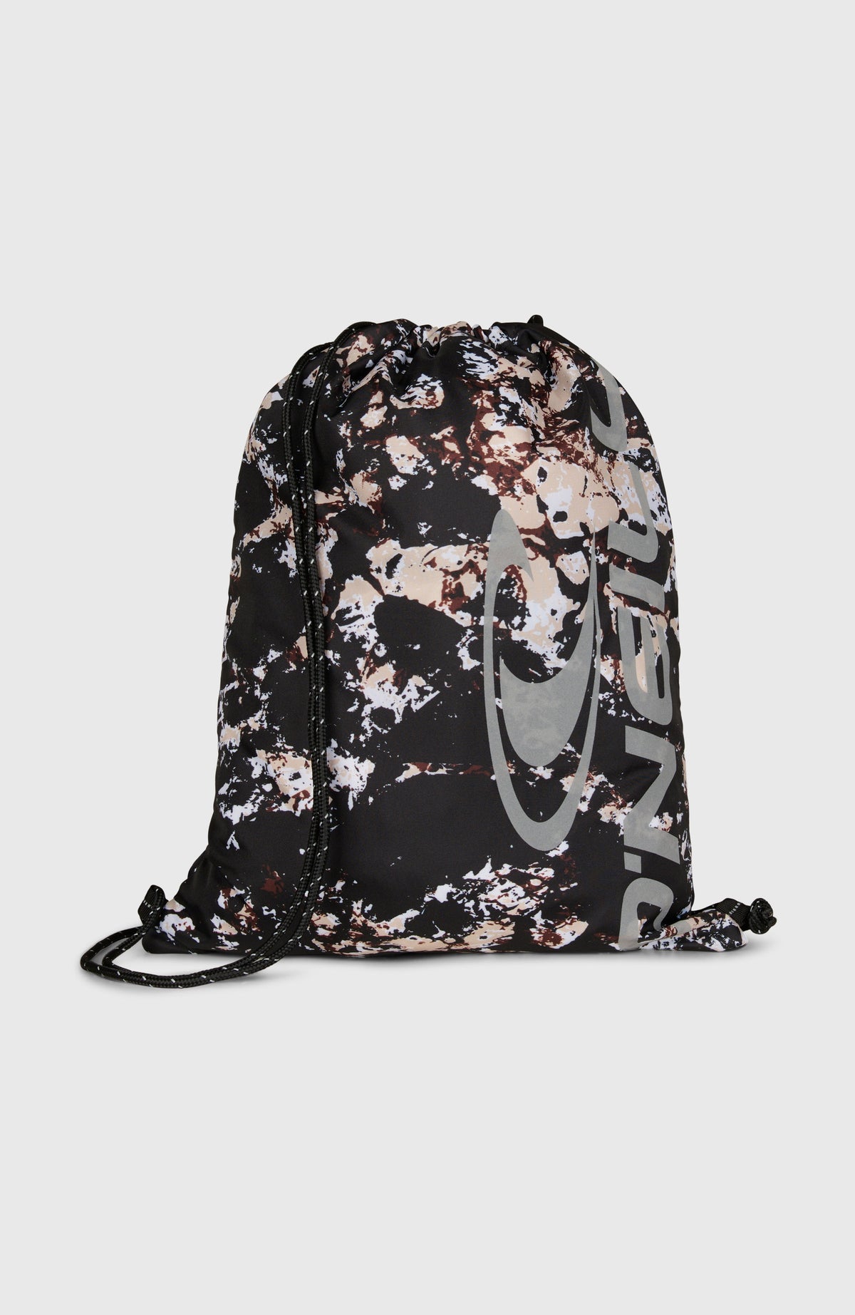 O'Neill Turnbeutel für Herren, schwarz mit Allover-Muster in Beige und Weiß, freigestellt mit Logo-Print