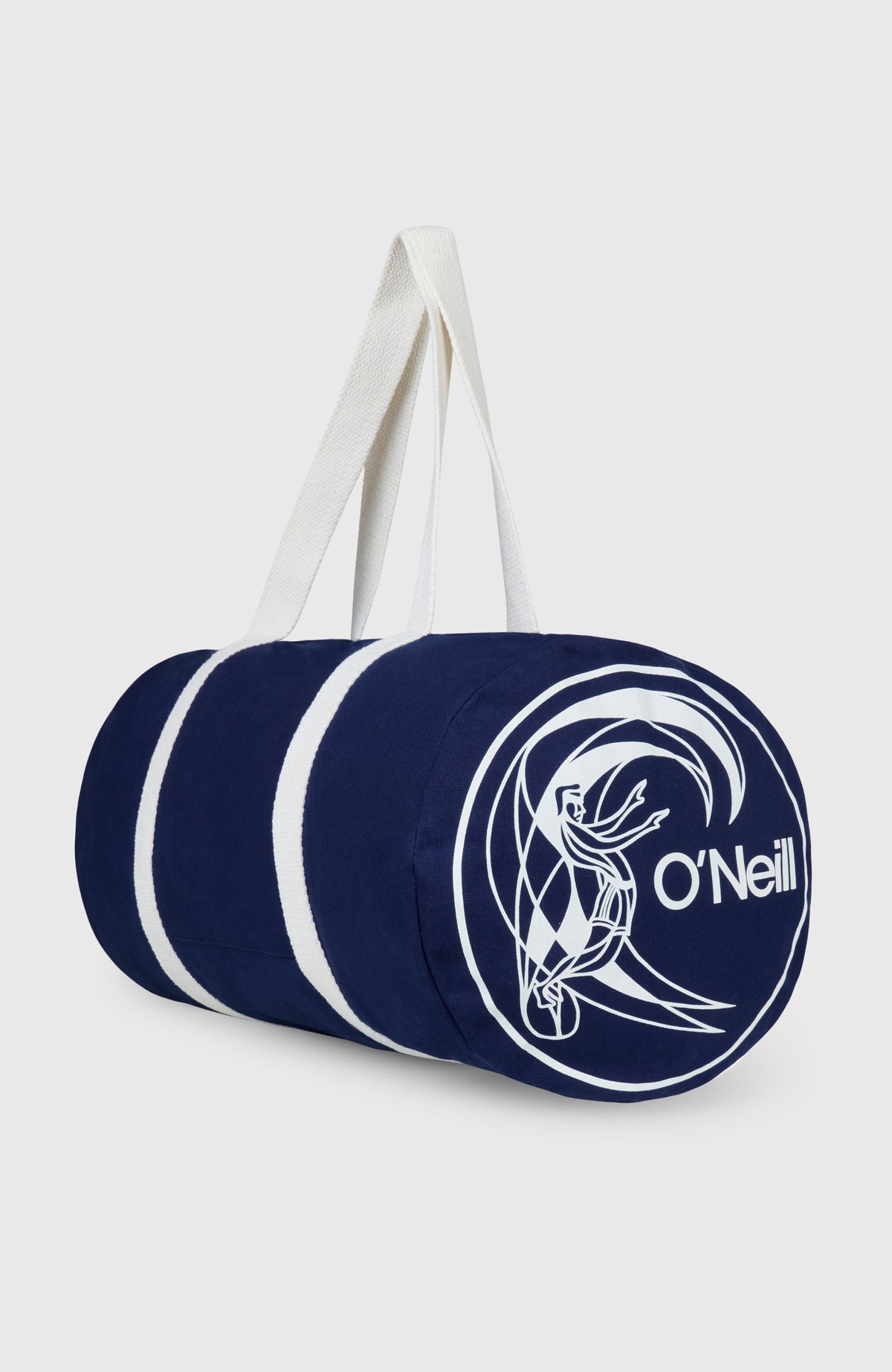 O'Riginals Tasche für Herren, blau mit Logo-Print in Weiß, freigestellt mit Blick auf das runde Seitenteil