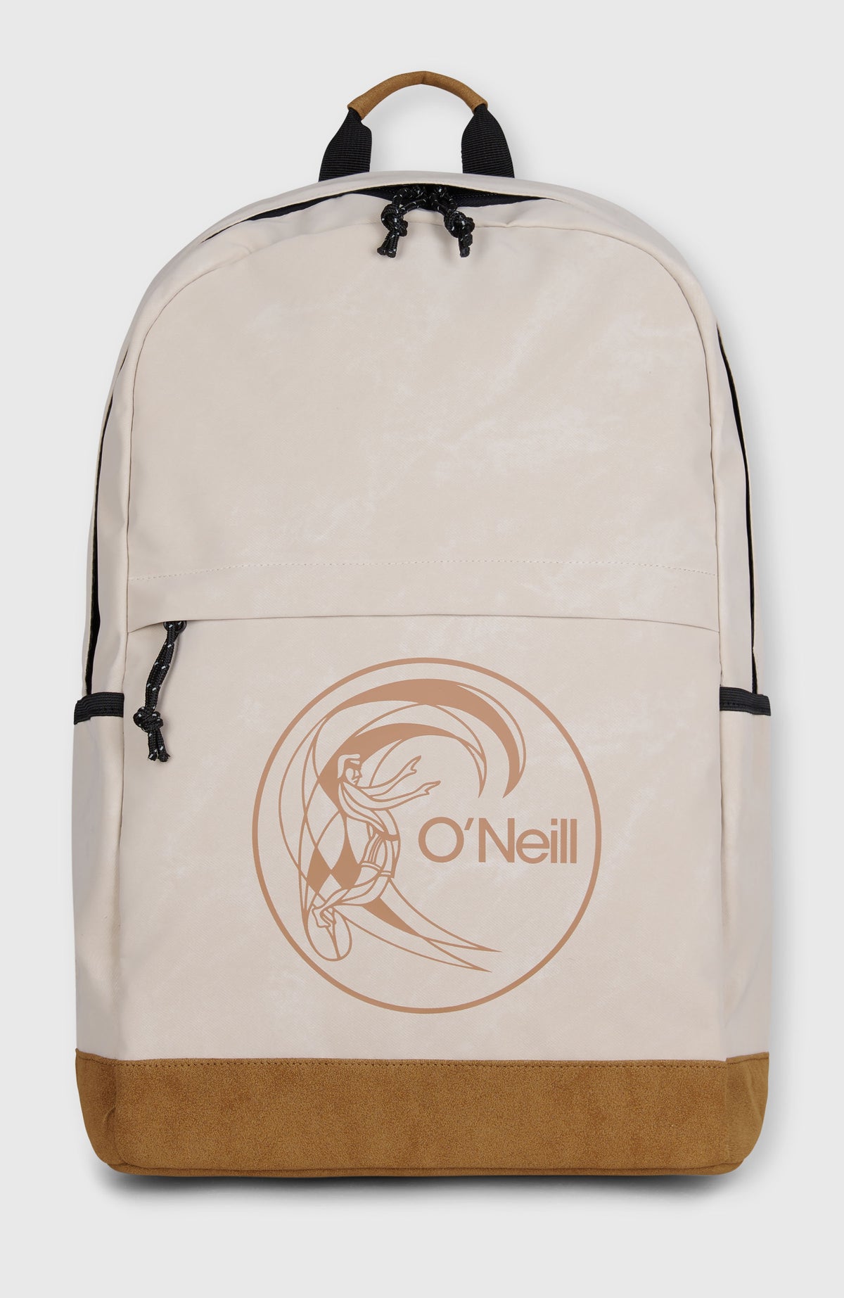 O'Neill O'Riginals Circle Surfer Rucksack, beige mit Logo-Print in Braun, freigestellt in Vorderansicht