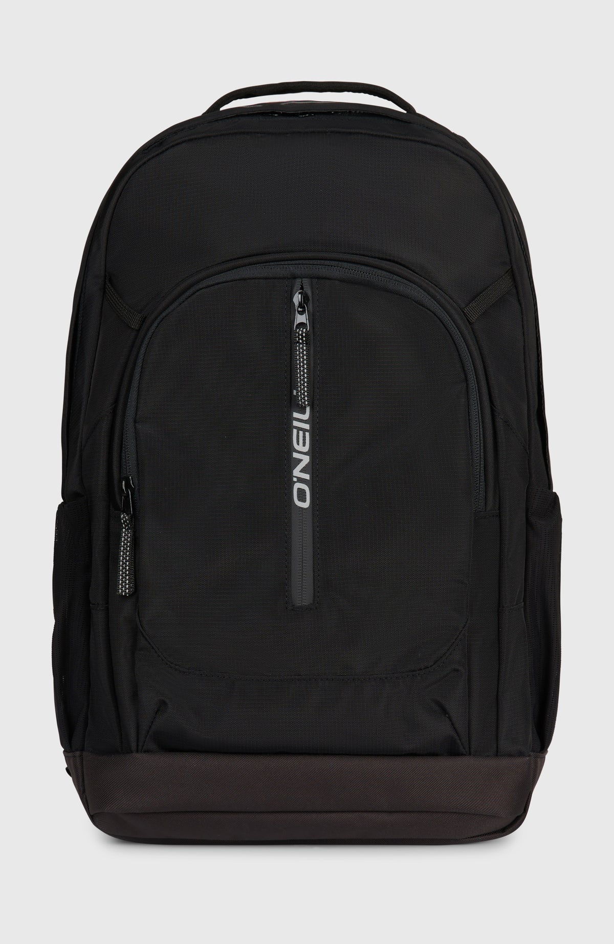 O'Neill President 32L Rucksack für Herren, schwarz, freigestellt von vorne mit Reißverschlussfach