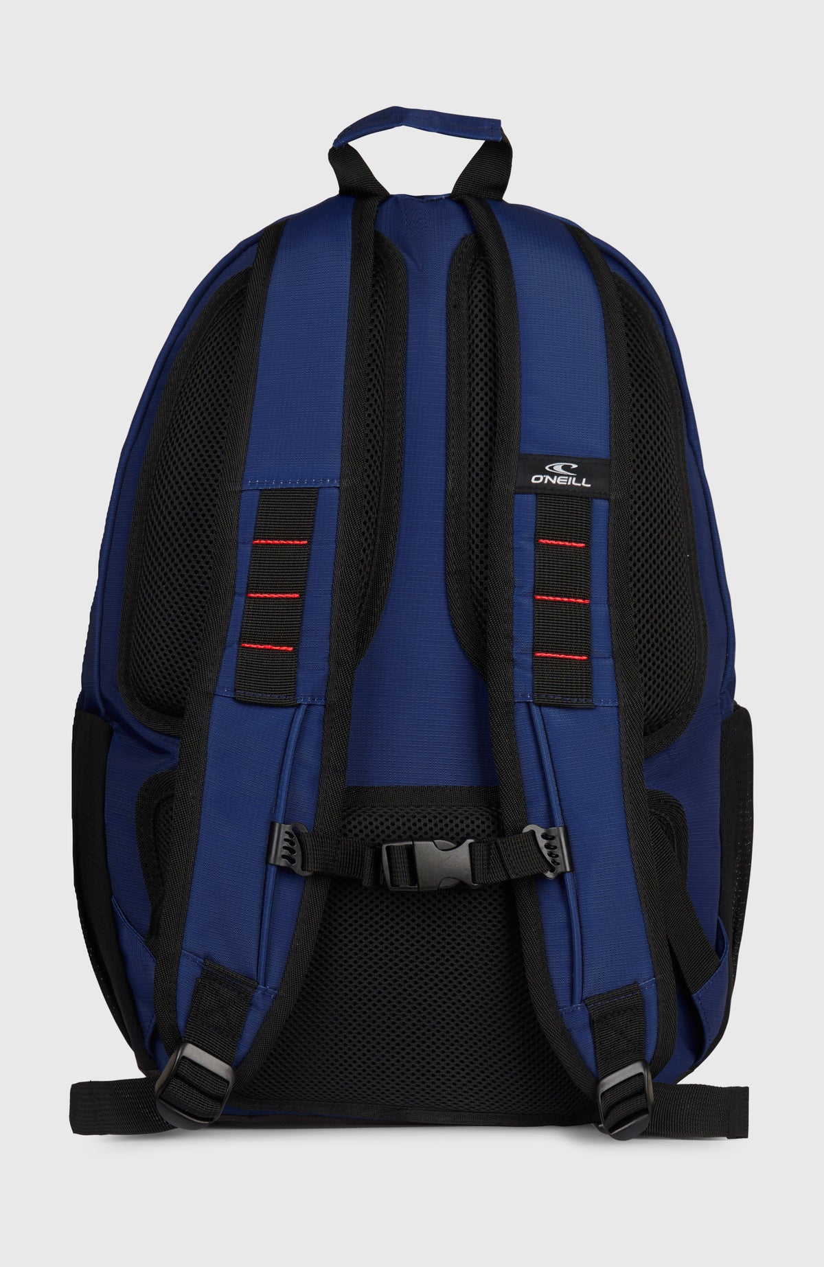 Surfer Rucksack für Herren, blau, freigestellt von hinten, gepolsterte Schultergurte und Brustgurt