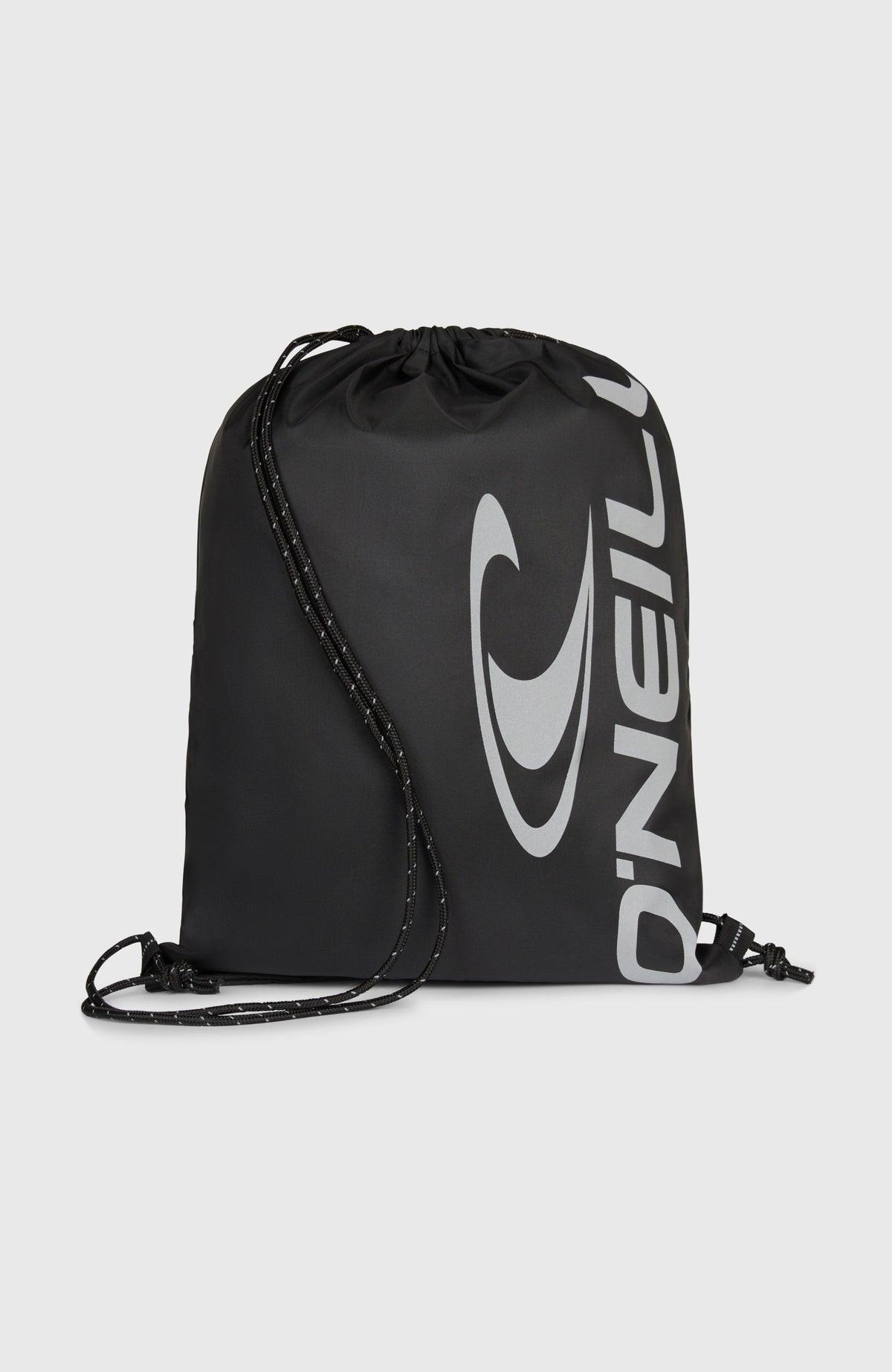O'Neill Turnbeutel, schwarz mit Logo-Print in Grau, freigestellt in Vorderansicht mit Kordelzug